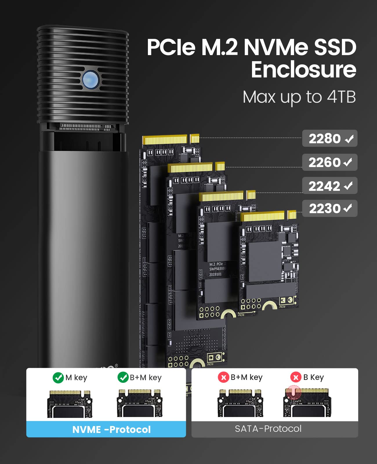 ORICO Aluminum M.2 NVMe SSD Enclosure , Tool Free 10Gbps USB C Adapter, USB 3.2 M.2 NVMe Reader, External SSD Case Thunderbolt 3 Compatible, Supports 4TB 2230/2242/2260/2280 PCIe M Key SSDs PWM2 BK