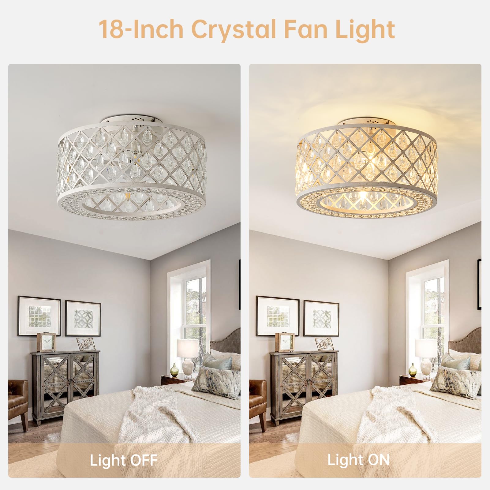 Oiotwo 18 Inch Crystal Fan Light, Lantern Shaped Industrial Chandelier, With Remote Control, Suitable For Indoor Places Such As