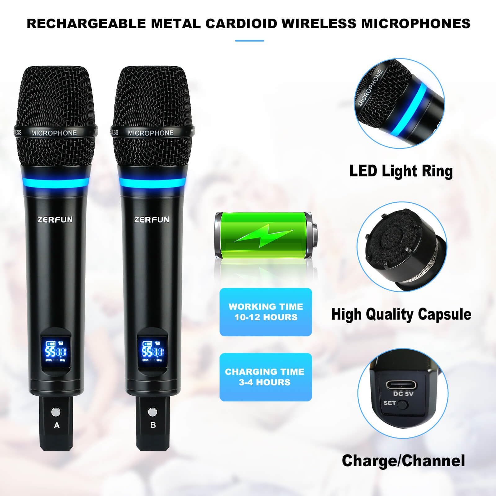 Zerfun 4 Channel Rechargeable Wireless Microphone System, Pro Uhf Metal Handheld Wireless Microphones Cordless Mics With Echo Bl