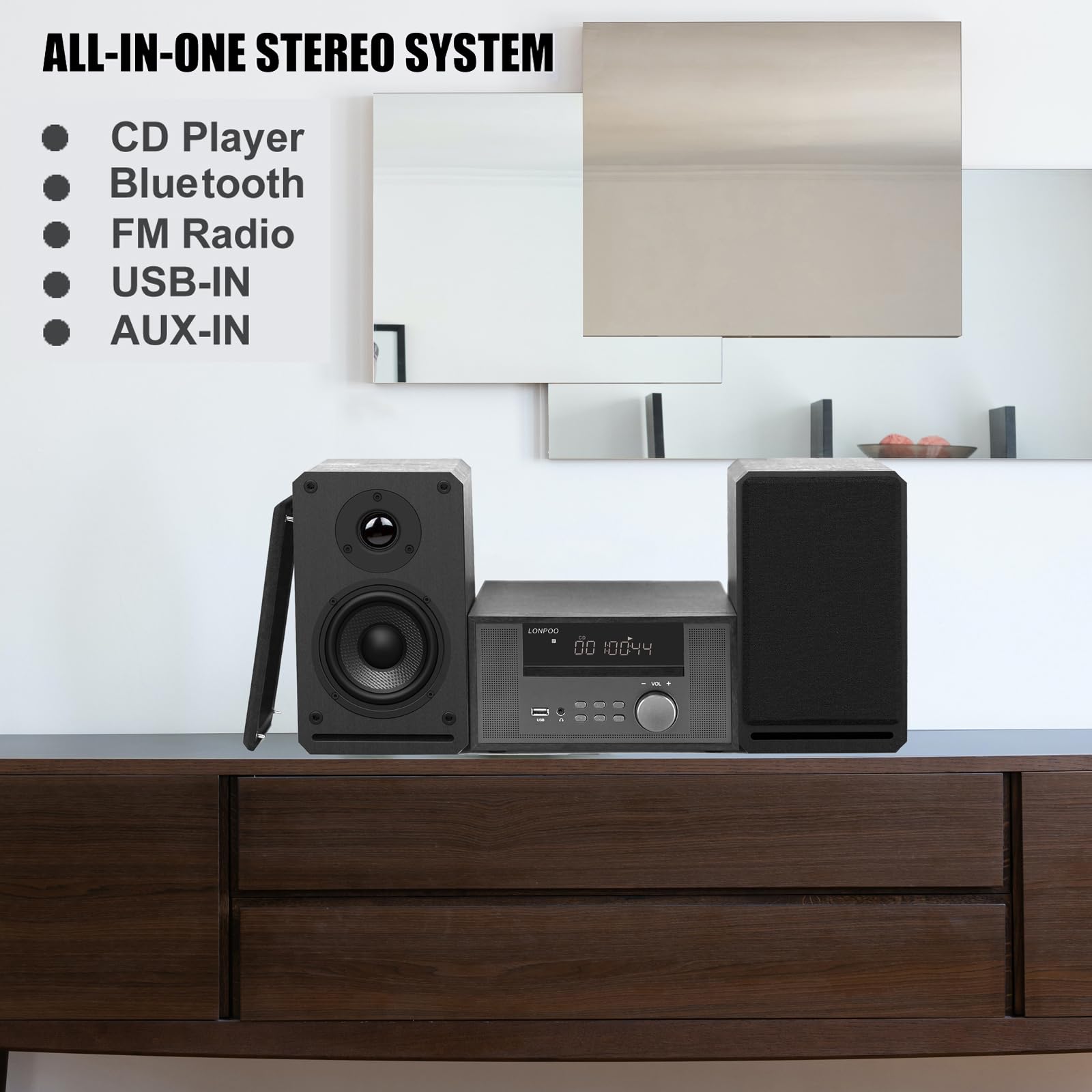 Home Cd Stereo Shelf System,100W Hi Fi Bookshelf Speskers System (Cd Player, Fm Radio, Wireless Bluetooth, Usb Playback, Aux, He