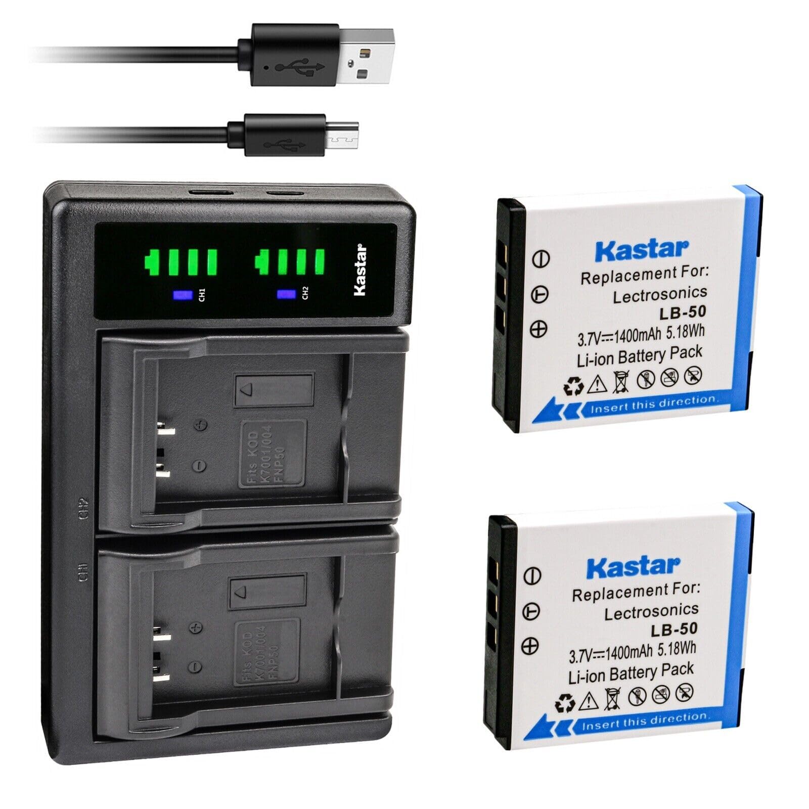 Kastar 2-Pack Battery and LTD2 USB Charger Compatible with Lectrosonics LB-50 Battery, Lectrosonics 40117, Lectrosonics SSM Tran