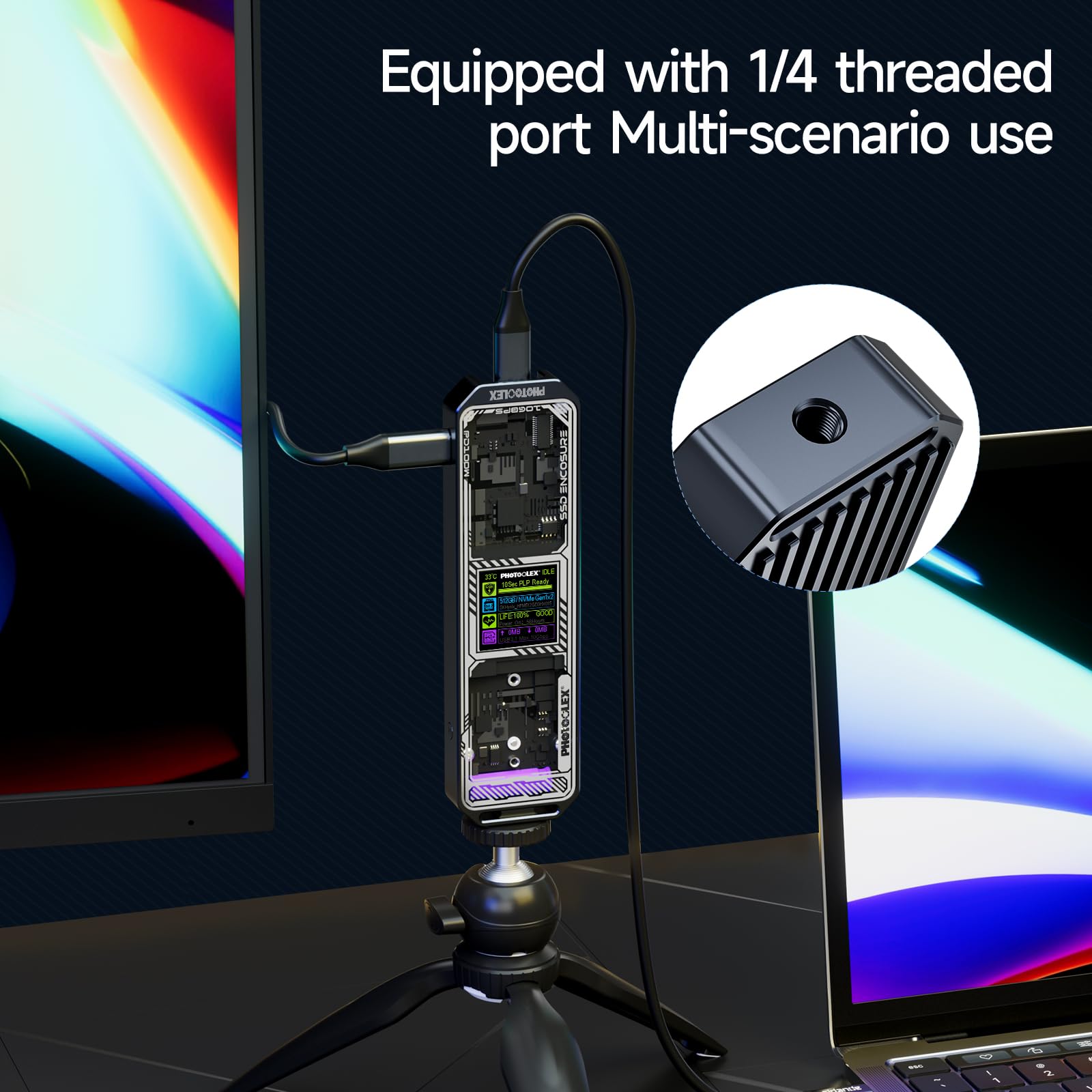 Photoolex M.2 Nvme Ssd Enclosure With Smart Screen,10S Plp Prevents Write Data Loss, Usb 3.2 Gen 2(10 Gbps), Nvme Pcie M Key/B&M