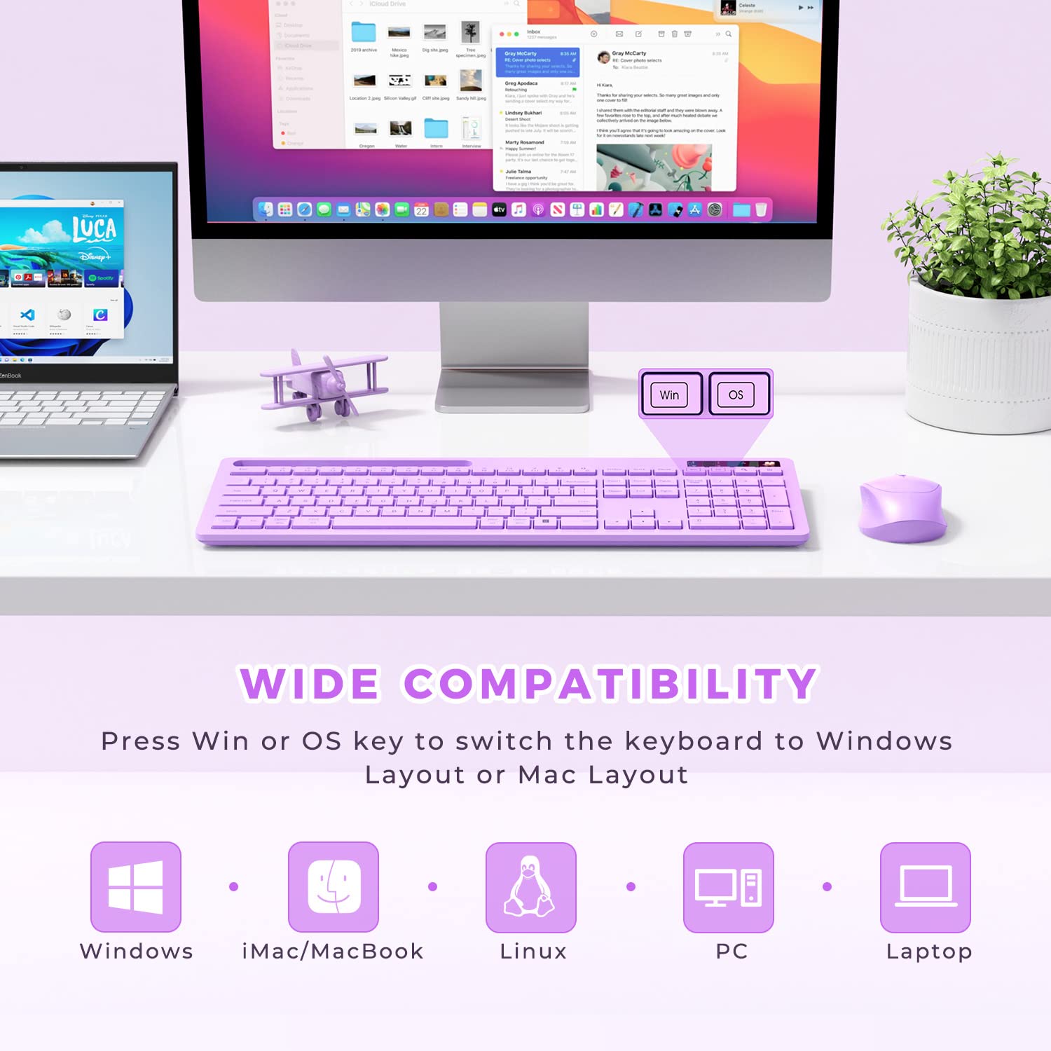 Purple Keyboard And Mouse Wireless, Vivefox Full Size Wireless Keyboard With Phone Holder Usb A & Type C Cute Keyboard And Mouse