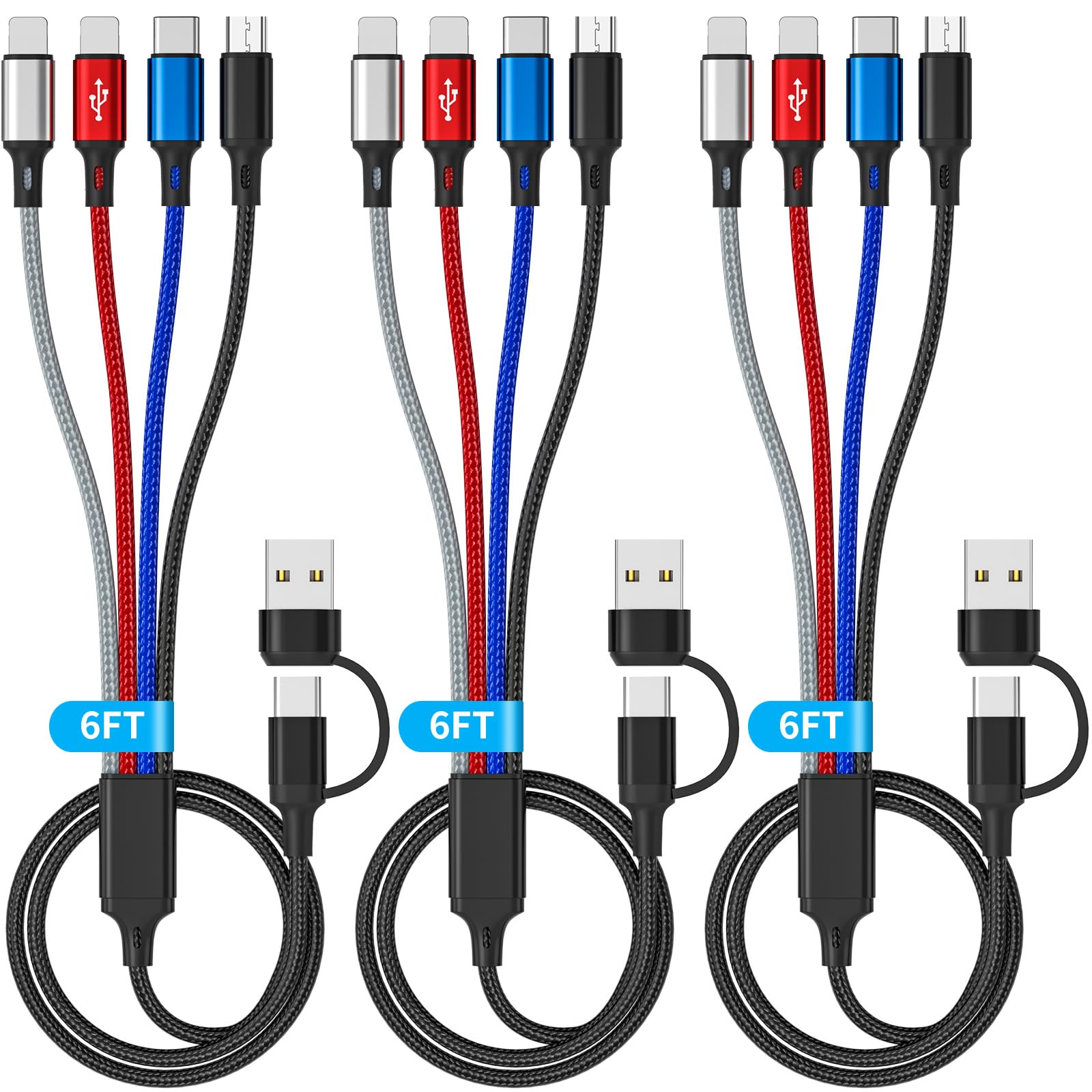 Hancenda 4 In 2 Multi Charging Cable, 3Pack 6Ft Multiple Chargers For All Devices Nylon Braided Usb A/C To 2*Lighting/Typc C/Micro Usb Port Universal Multi Usb Charger Cords For Iphone 16/15