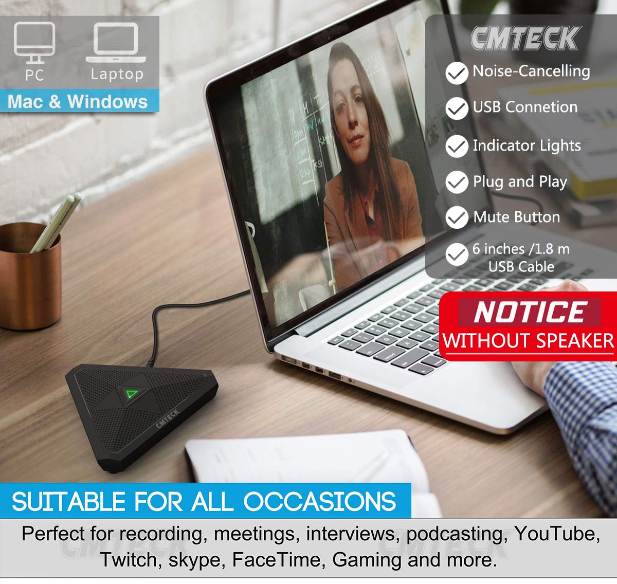 Cmteck Conference Usb Microphone, Mute Button, Omnidirectional Condenser Boundary Mic For Recording, Streaming, Gaming, Skype (W