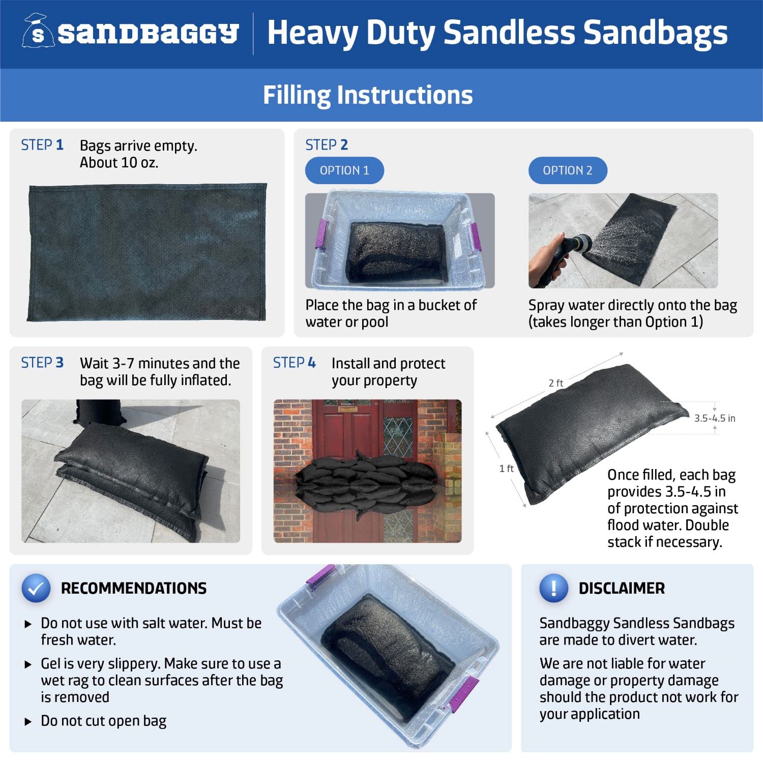 Sandbaggy 14'' X 26'' Water Activated Sandless Sandbags   Flood Barriers, Erosion Control (Black)   Made In The Usa (2 Sandbags)