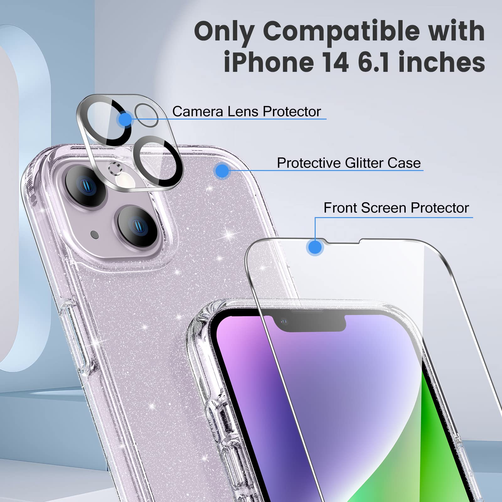 Maxdara [3 In 1 For Iphone 14 Glitter Case, Iphone 14 Case With Tempered Glass Screen Protector And Camera Lens Protector Drop P