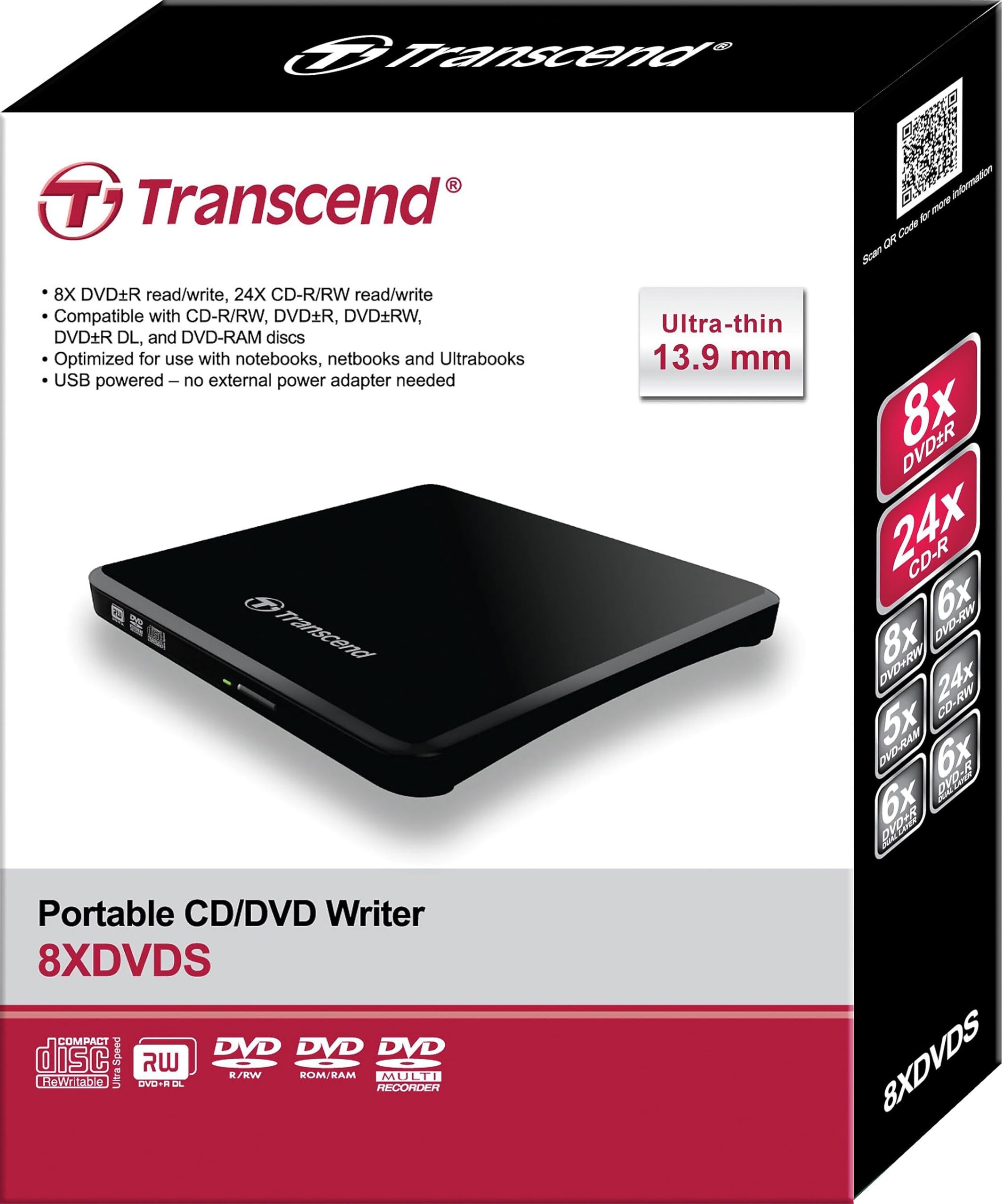 Transcend 8K Extra Slim Portable Dvd Writer Optical Drive (Ts8Xdvds K)