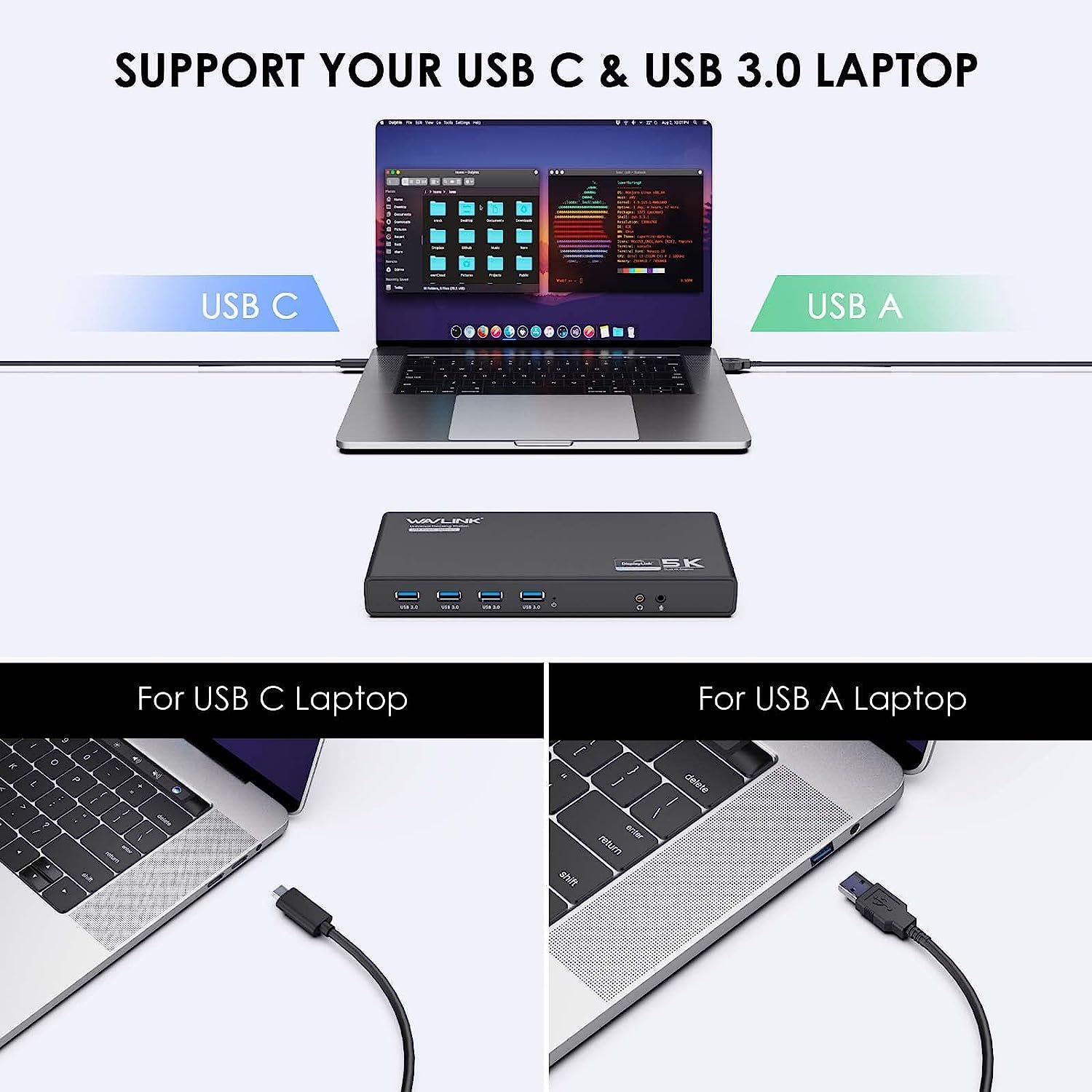 Wavlink Displaylink Usb C 5K/ Dual 4K Monitor Universal Laptop Docking Station With 100W Power Adapter For Thunderbolt 4/3, Usb C Windows Mac M1/M2, 2X Displayport & Hdmi, 6 Usb, Ethernet, Audio