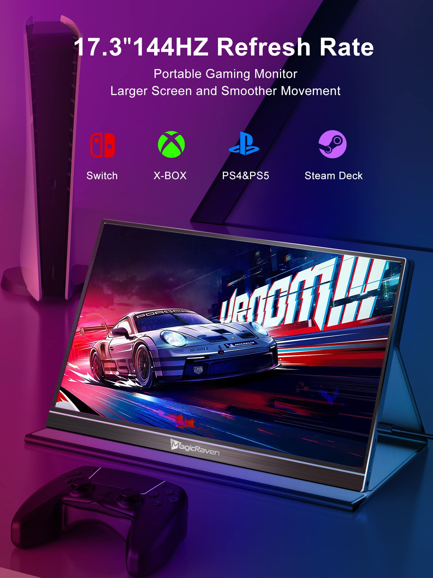 144Hz Portable Gaming Monitor, 17.3  1080P Laptop Monitor, Dual Usb C Hdmi Second Computer Screen, Vesa Gaming Display With Spea