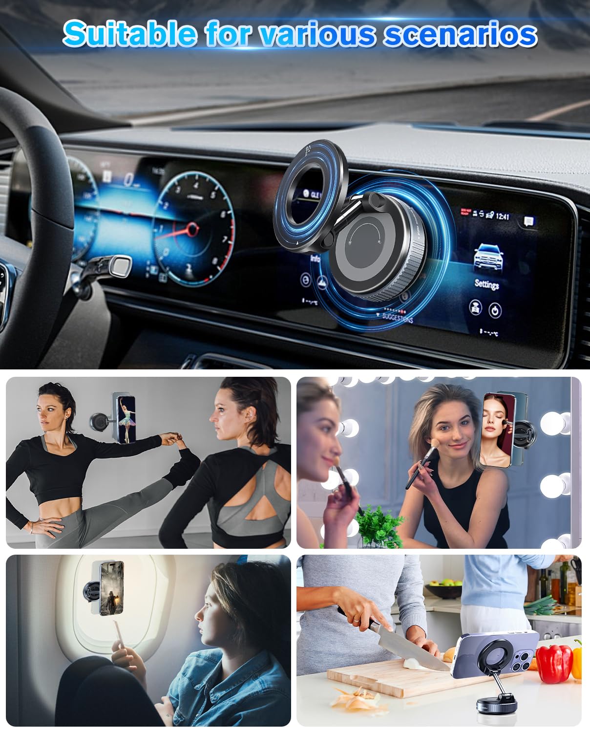 Soamoeu Vacuum Suction Magnetic Phone Holder, 2025 Upgraded Magnetic Car Phone Mount For Magsafe, 360Adjustable Foldable Portabl