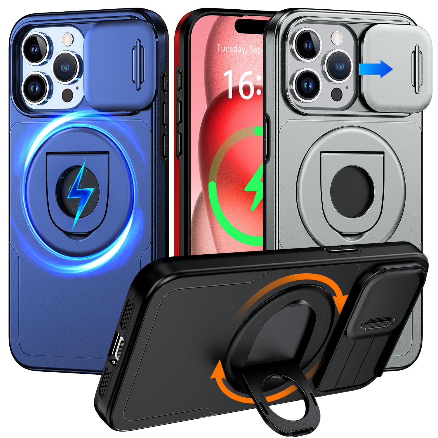 Kmeruotr 360Rotatable Magnetic Ring For Iphone 15 Pro Max Case With Camera Cover, [Compatible With Magsafe] Build In Invisible S