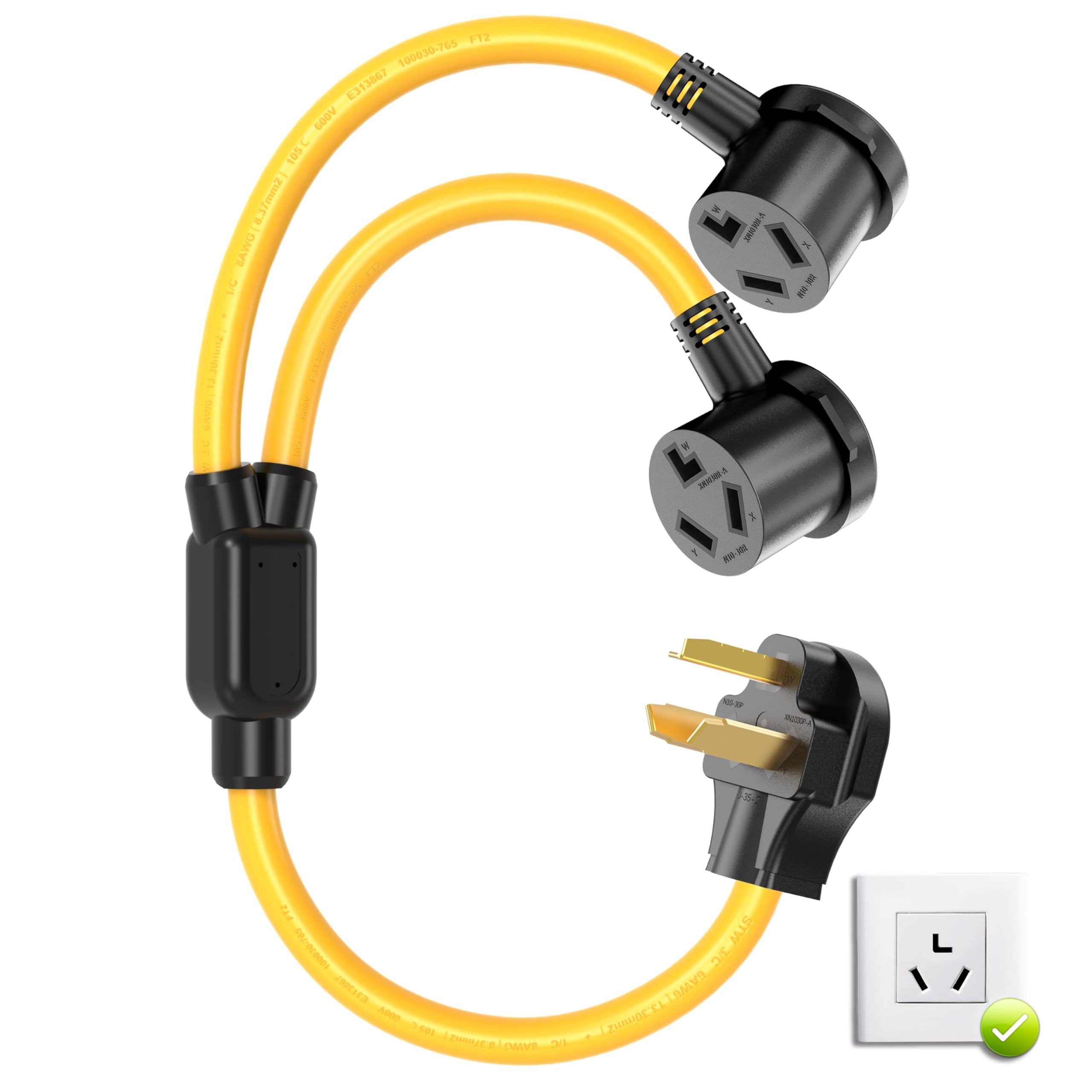 3 Prong Dryer Y Splitter, Dryer Outlet And Level 2 Ev Charging, Ul Listed, Nema10 30P Male To Two Nema 10 30R Female, 30 Amp 250