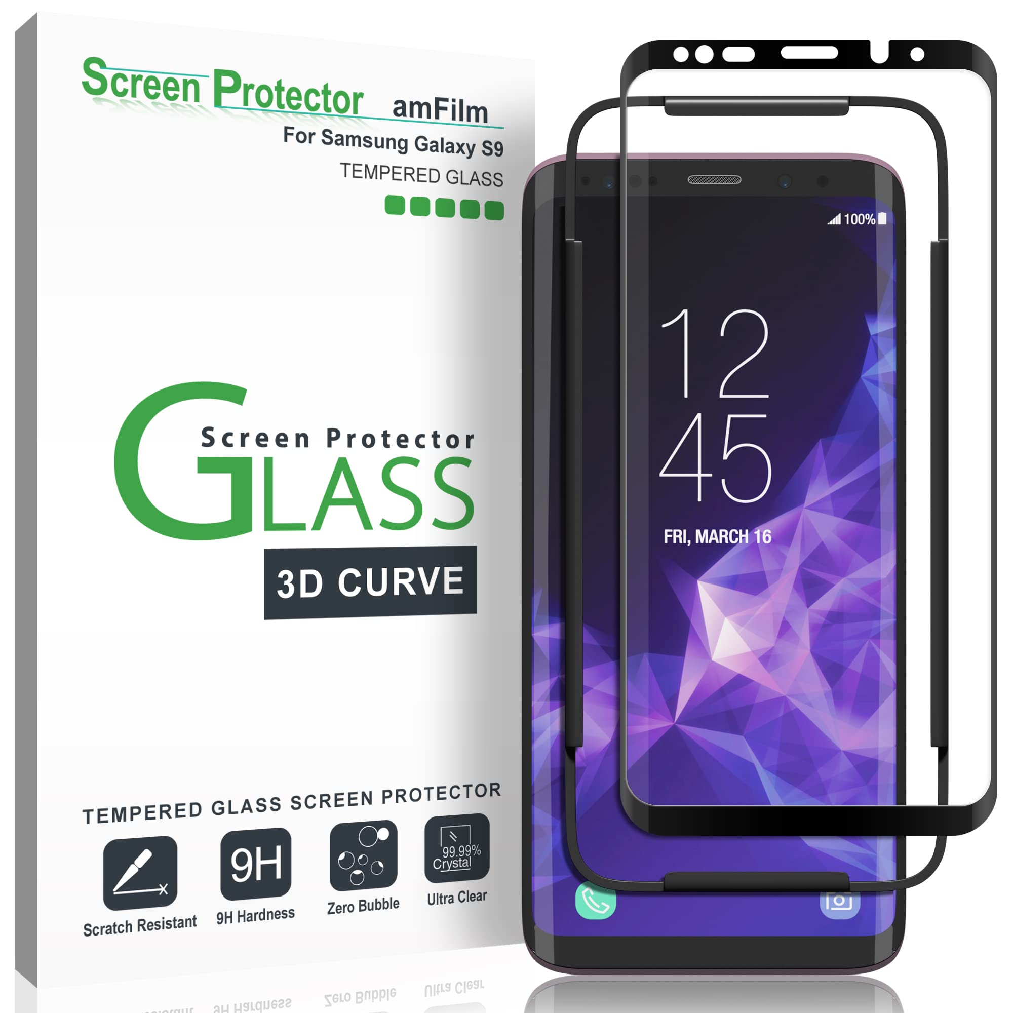 amFilm Glass Screen Protector for Galaxy S9, Samsung Galaxy S9, 3D Curved Tempered Glass, Dot Matrix with Easy Installation Tray
