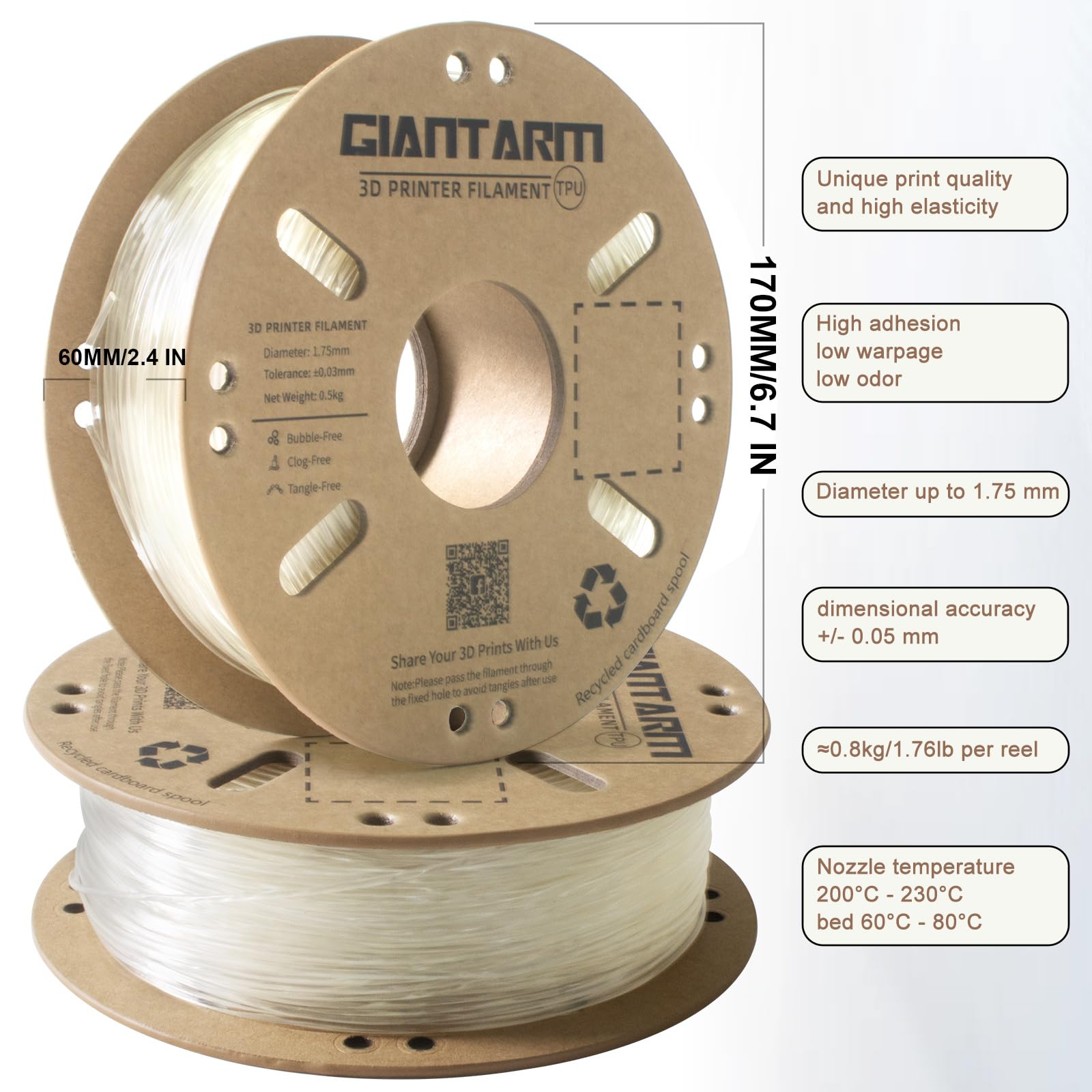 Gaintarm Tpu Filament,Clear Tpu Filament 1.75Mm,95A Flexible Soft 3D Printer Filament,0.5Kg Spool (2.2 Lbs.), Dimensional Accura