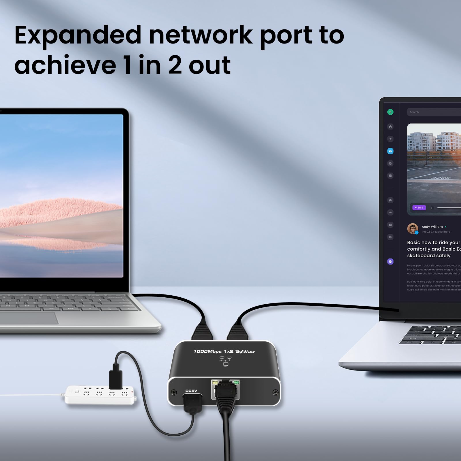 Newcare Rj45 Ethernet Splitter 1 To 2 Out, 1000Mbps Network Splitter With Usb Power Cable, Gigabit Lan Internet Splitter Connect