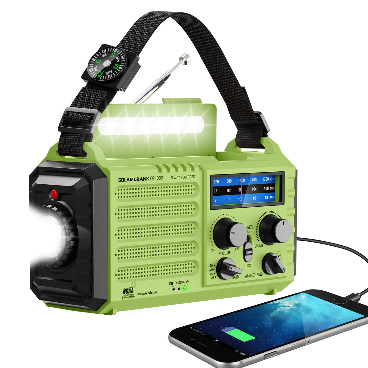 Noaa Weather Radio, Emergency Hand Crank Radio With Solar Charger, Portable Battery Operated Am Fm Shortwave Radio With Led Flas