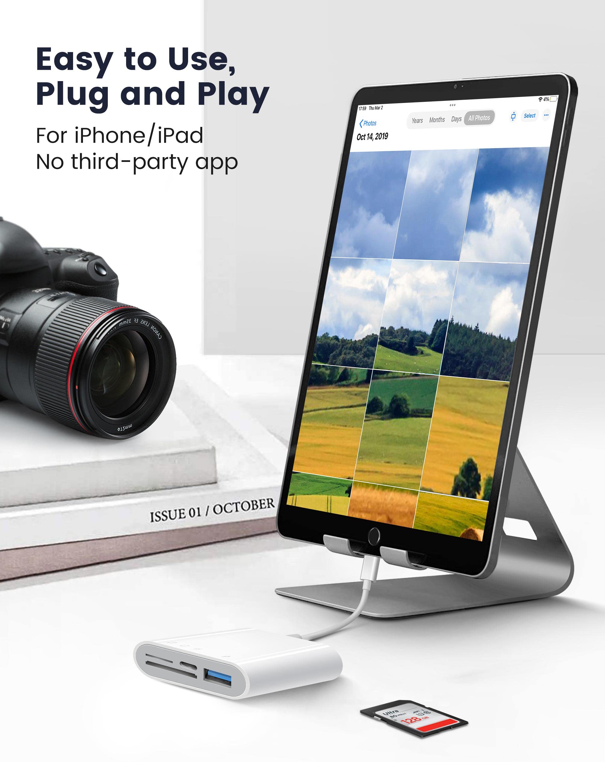 Sd Card Reader For Iphone Ipad, 4 In 1 Micro Sd/Sd Card Reader To Iphone Adapter, Sd Card Viewer With Tf/Sd Dual Slot, Portable Camera Memory Card Reader For Iphone With Charging Port, Plug And Play