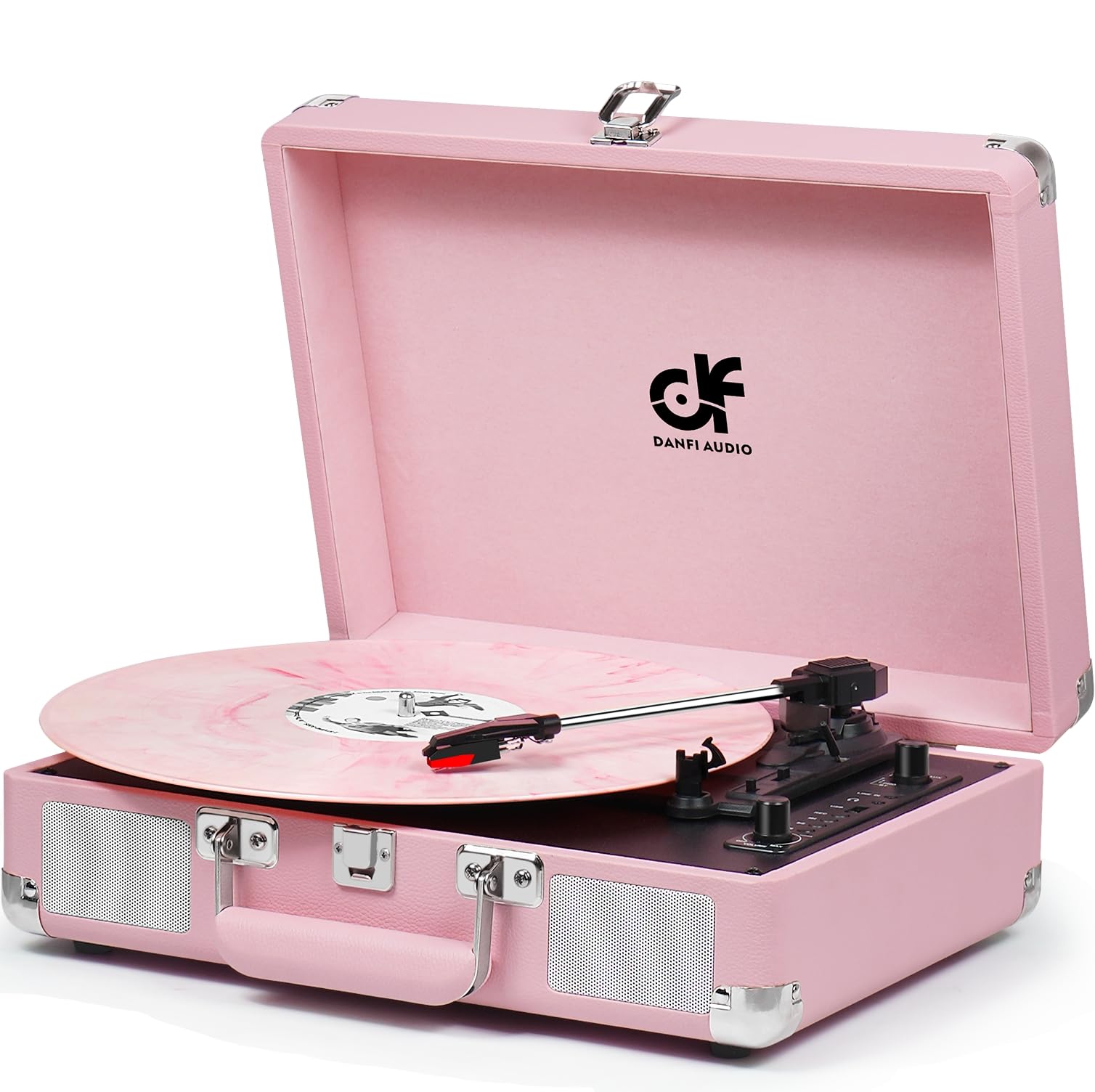 Vintage Pink Suitcase Record Player   3 Speed Turntable With Bluetooth, Usb Recording, Mp3 Converter, Speakers, Stylus
