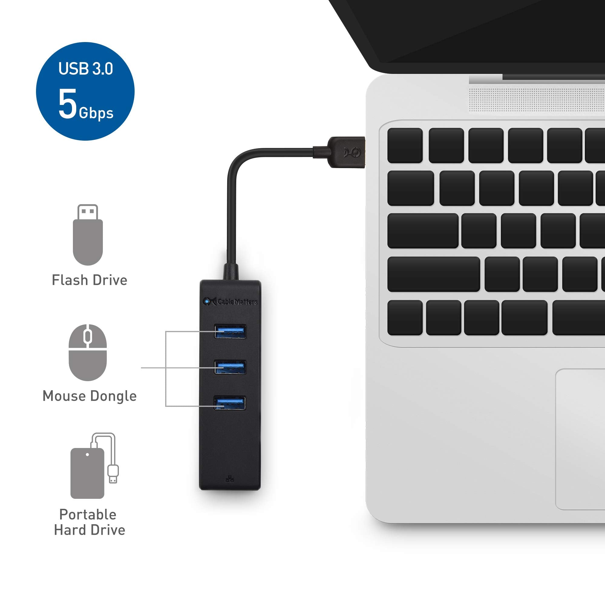 Cable Matters 4 in 1 USB Hub with Ethernet, Support Gigabit Ethernet (USB 3.0 Hub Ethernet, USB to Ethernet Adapter, Gigabit Ethernet USB Hub, USB Ethernet Hub) with 10/100/1000Mbps Network in Black