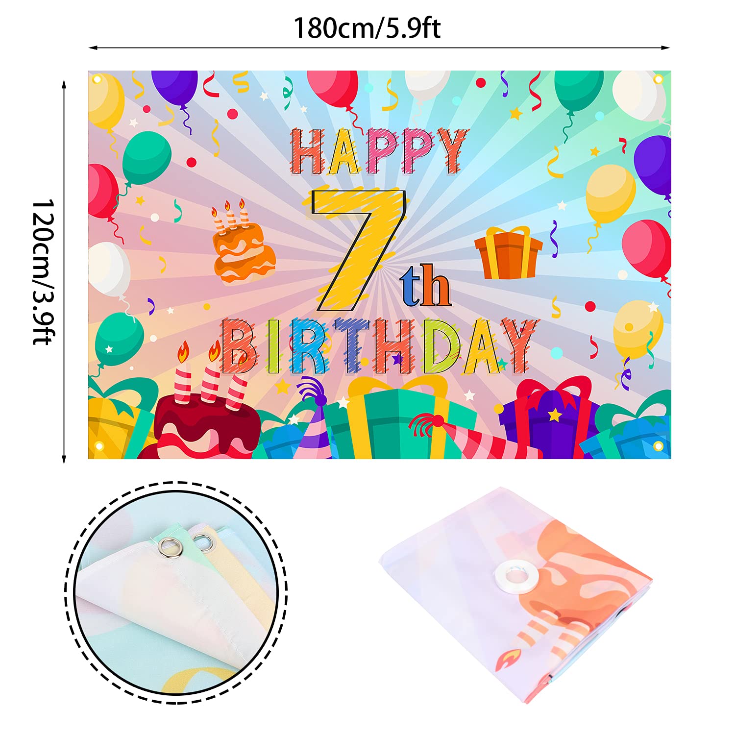 Happy 7Th Birthday Colorful Banner Backdrop Rainbow Color Art 7 Years Old Party Background Decorations For Girls Boys Kids Bday