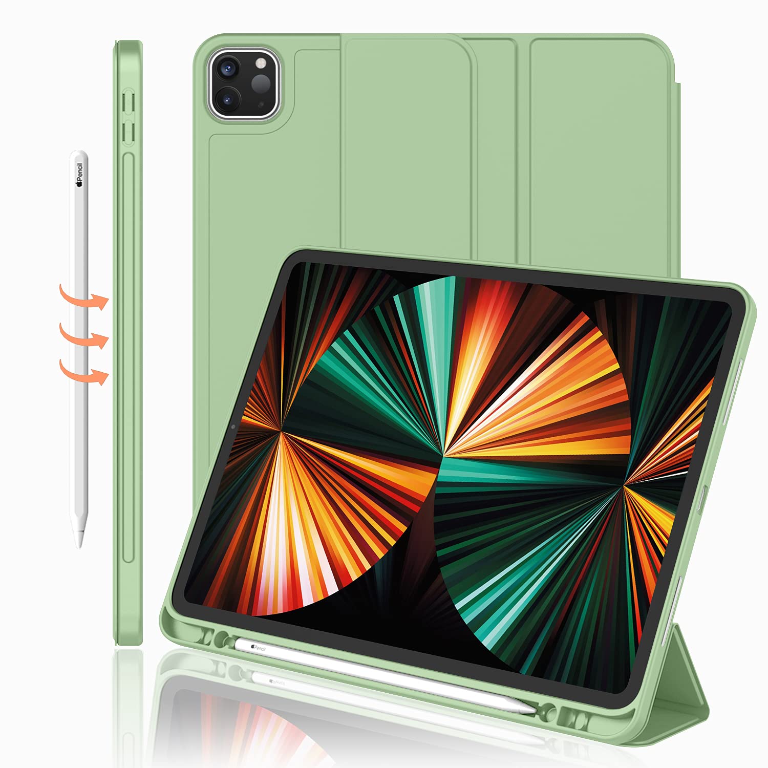 Imieet Ipad Pro 12.9 Inch Case 2022/2021/2020/2018 (6Th/5Th/4Th/3Rd Gen) With Pencil Holder [Support Ipad 2Nd Pencil Charging],Trifold Stand Smart Case With Soft Tpu Back,Auto Wake/Sleep(Matcha Green)