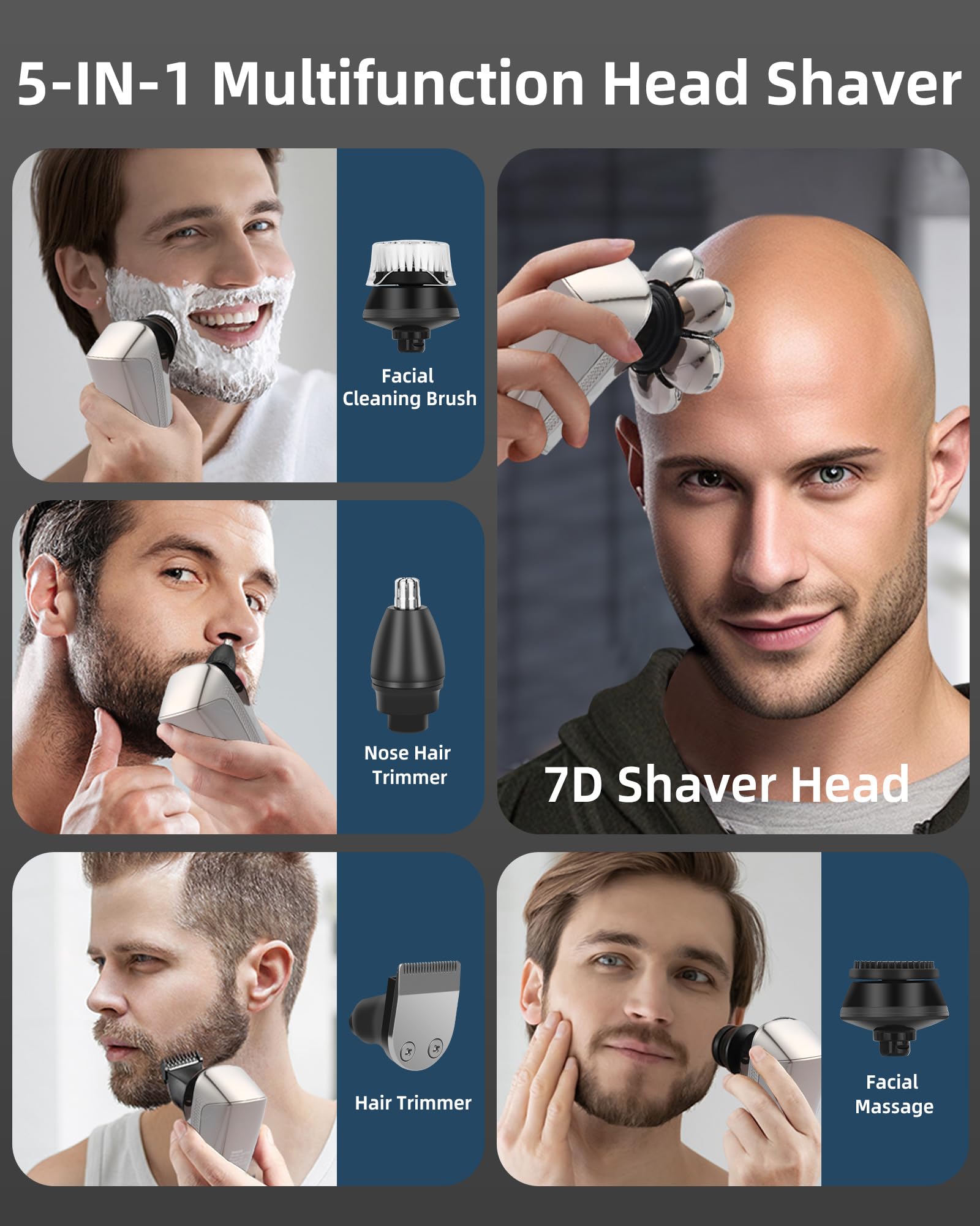 Head Shavers For Bald Men,7D Detachable Electric Bald Head Shaver,5 In 1 Dry Wet Bald Head Shavers For Men,Ipx7 Waterproof Elect