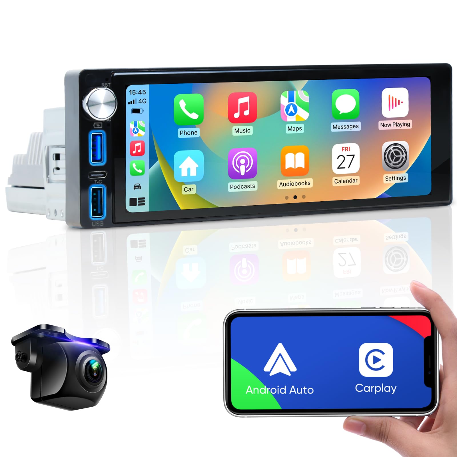 6.9 Inch Single Din Touchscreen Car Stereo   Android 12 2Gb+64Gb Type C&Usb Single Din Wired/Wireless Apple Carplay Android Auto