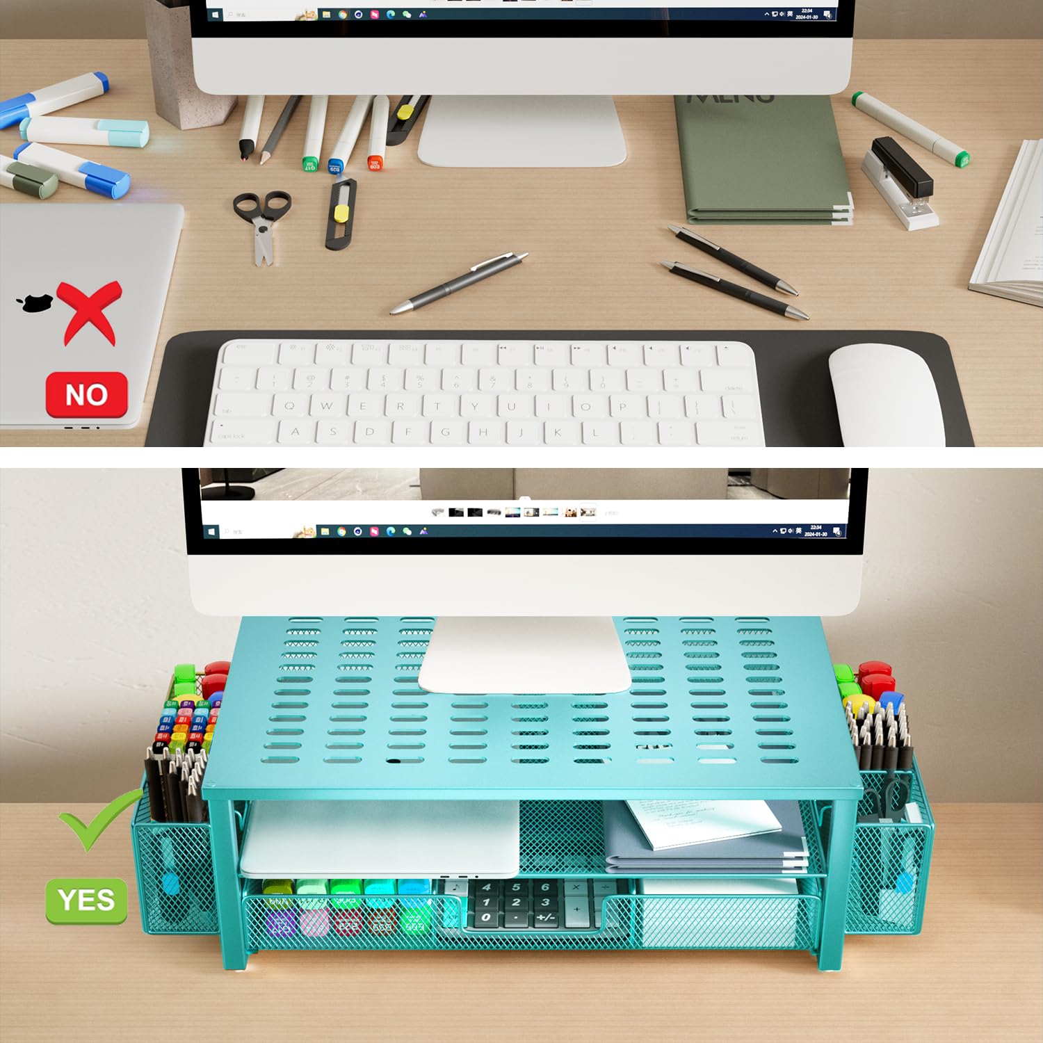 Gianotter Monitor Stand With Drawer And Pen Holder, Blue Desk Accessories, 2 Tier Monitor Riser, Ideal For Office Supplies Desk