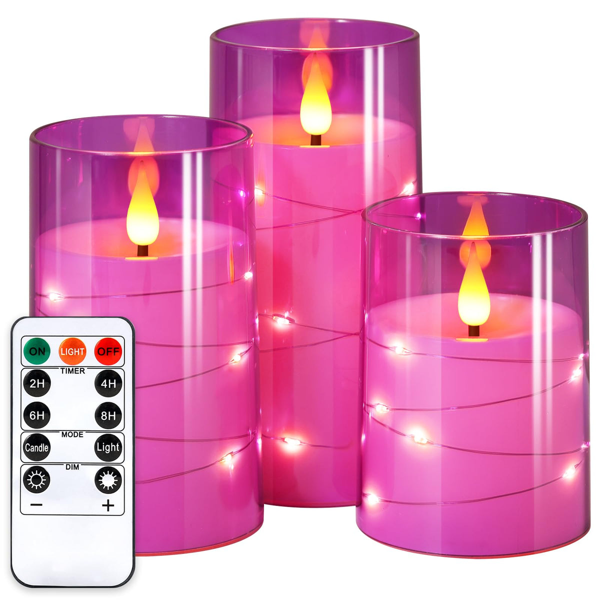 NURADA Flickering Flameless Candles: Built-in Star String Lights 3D Wick Acrylic Battery Operated LED Pillar Candles with Remote