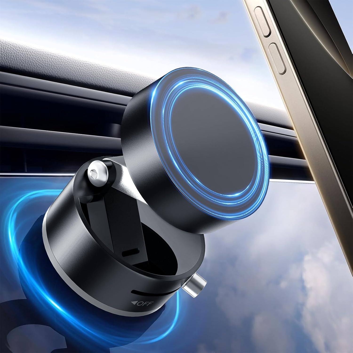 Amoner Vacuum Magnetic Suction Phone Holder, 2025 Upgrade 360 Retractable Suction Cup Phone Mount, Foldable Magnetic Vacuum Phon