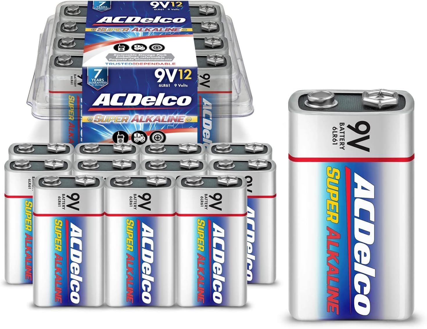 Acdelco 12 Count 9 Volt Batteries, Maximum Power Super Alkaline Battery, 7 Year Shelf Life, Recloseable Packaging
