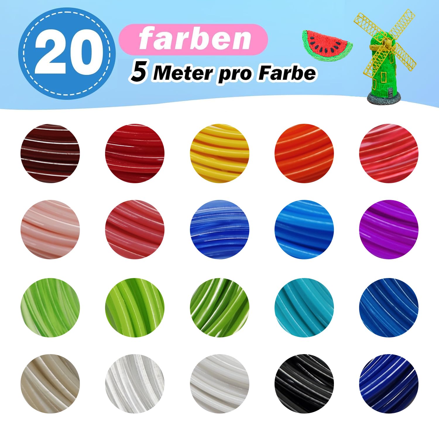 Giantarm 3D Pen Pla Filament Refills?20 Colors 1.75Mm Pla Filament Pack, Each Color 16 Feet, Total 320 Feet, Pack With 2 Finger