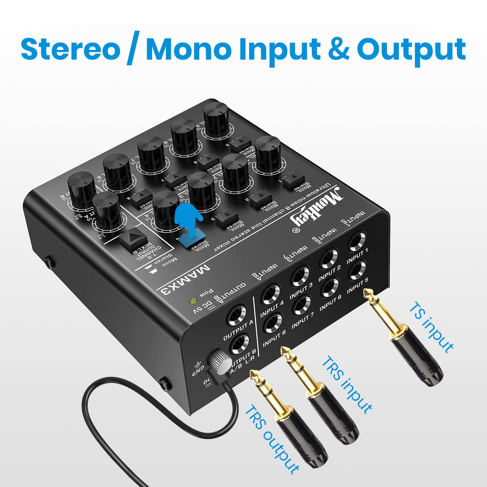 Moukey Audio Mixer, Dc 5V, 8 Stereo Ultra, Low Noise 8 Channel Line Mixer For Sub-Mixing, For Small Clubs Or Bars, As Guitars, B