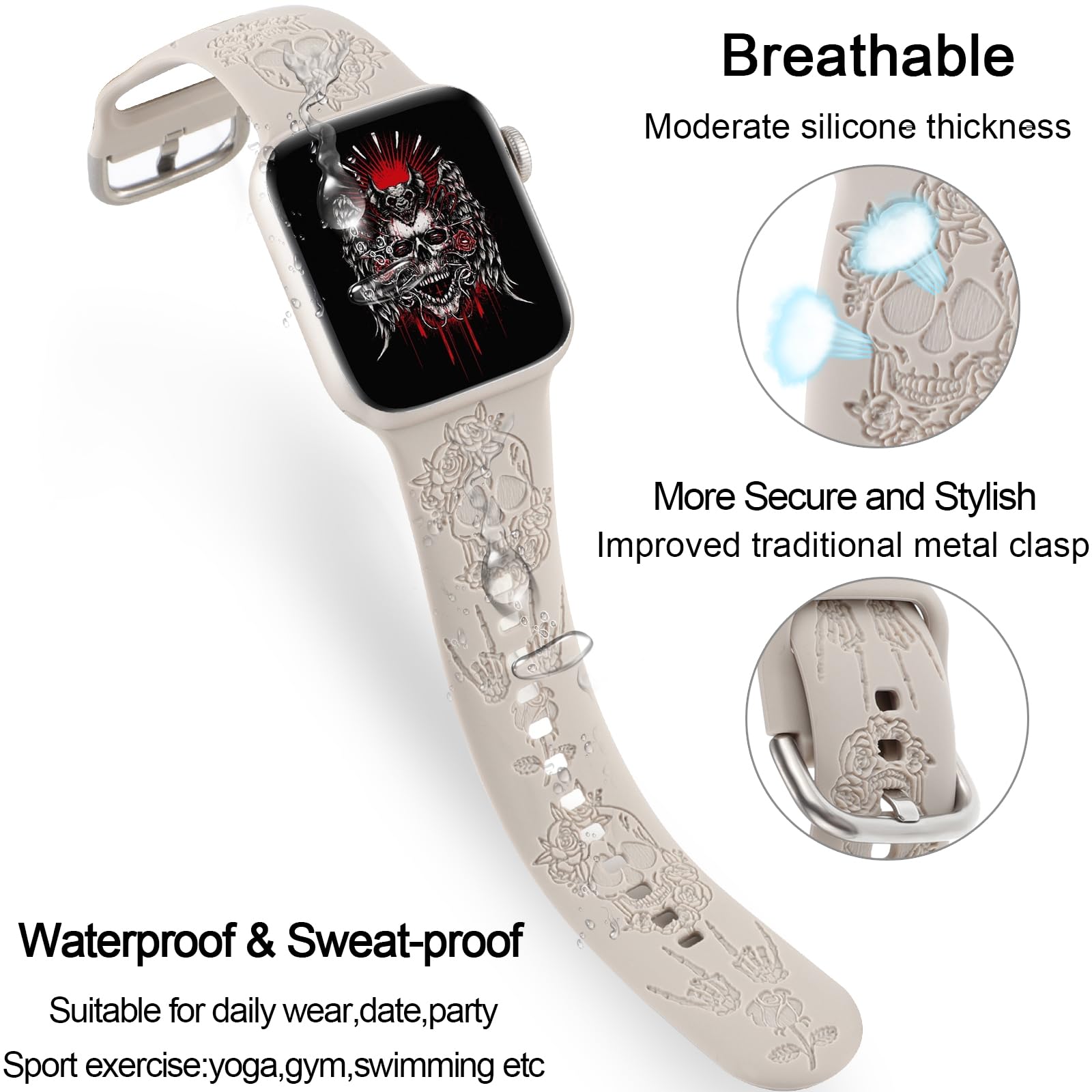 Halloween Skull Engraved Silicone Band Compatible With Apple Watch 38Mm 40Mm 41Mm,Floral Carved Soft Silicone Sport Wristband Cu
