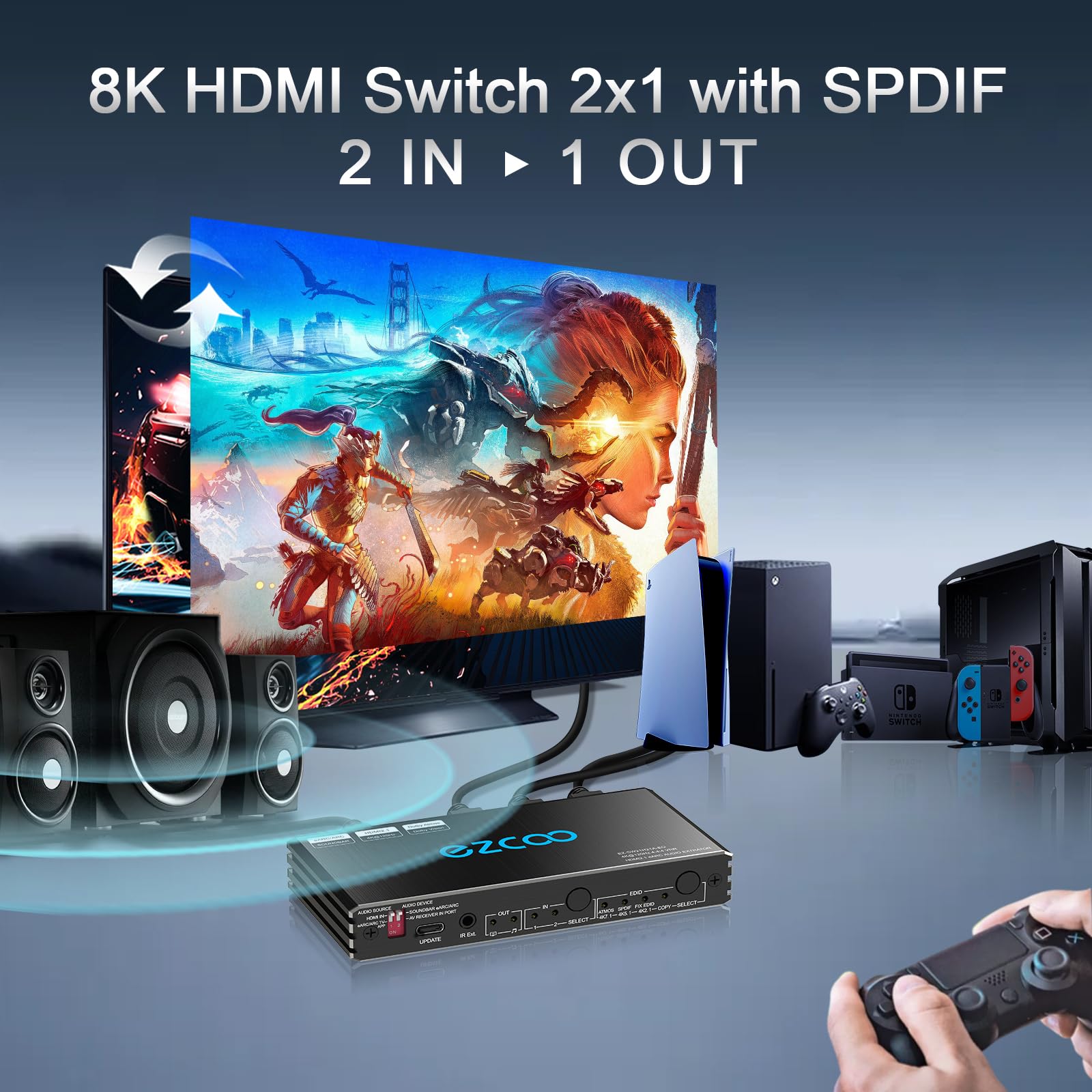 4K@120Hz Hdmi 2.1 Switch 2 In 1 Out With Audio Extractor Vrr Allm Hdcp2.3 Arc Earc Hdr Cec Spdlf Optical Audio Out D O L B Y Dig
