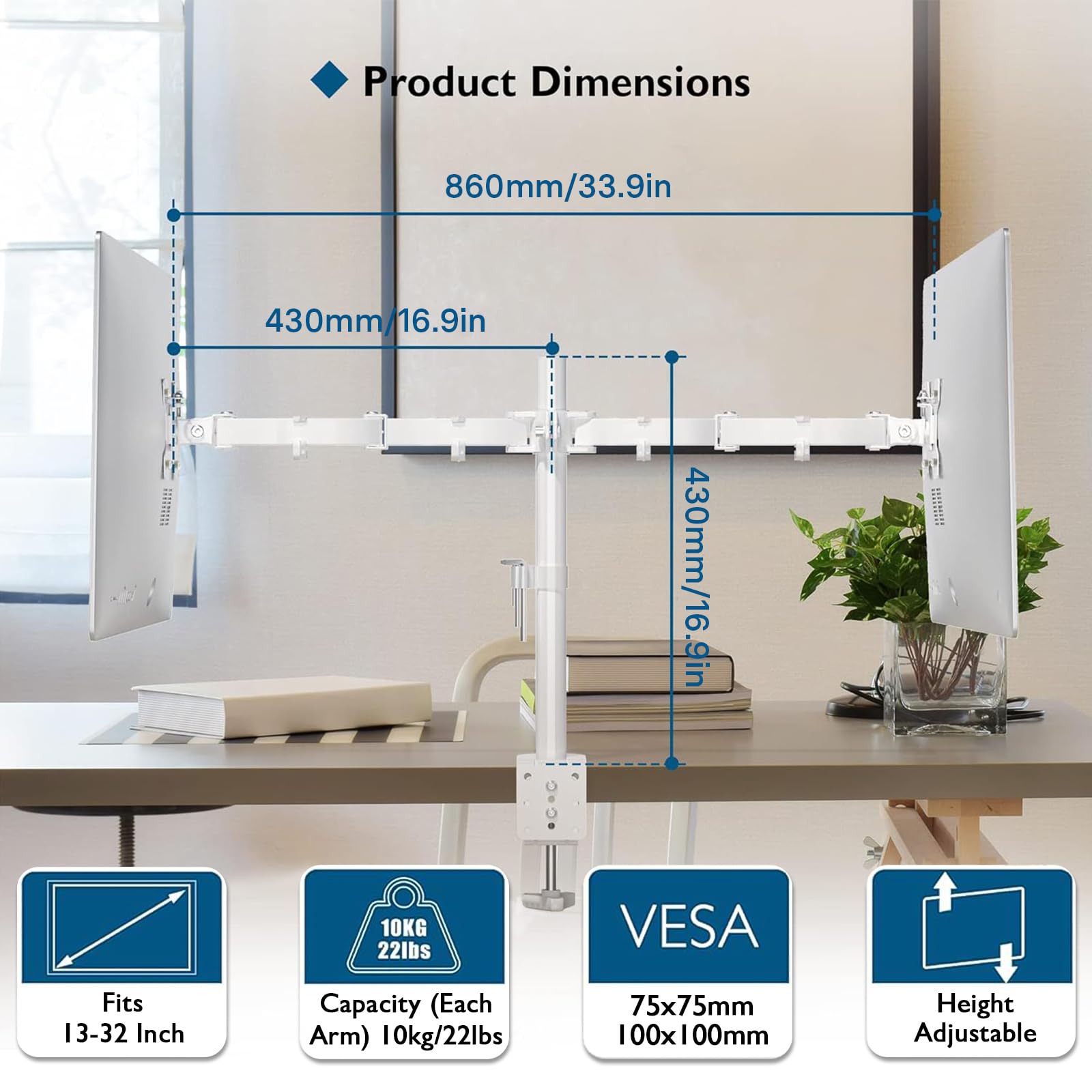 Bontec Dual Monitor Desk Mount, Full Motion Adjustable White Monitor Stand For 13-27 Inch Screens, Heavy Duty Arms Hold 22 Lbs E