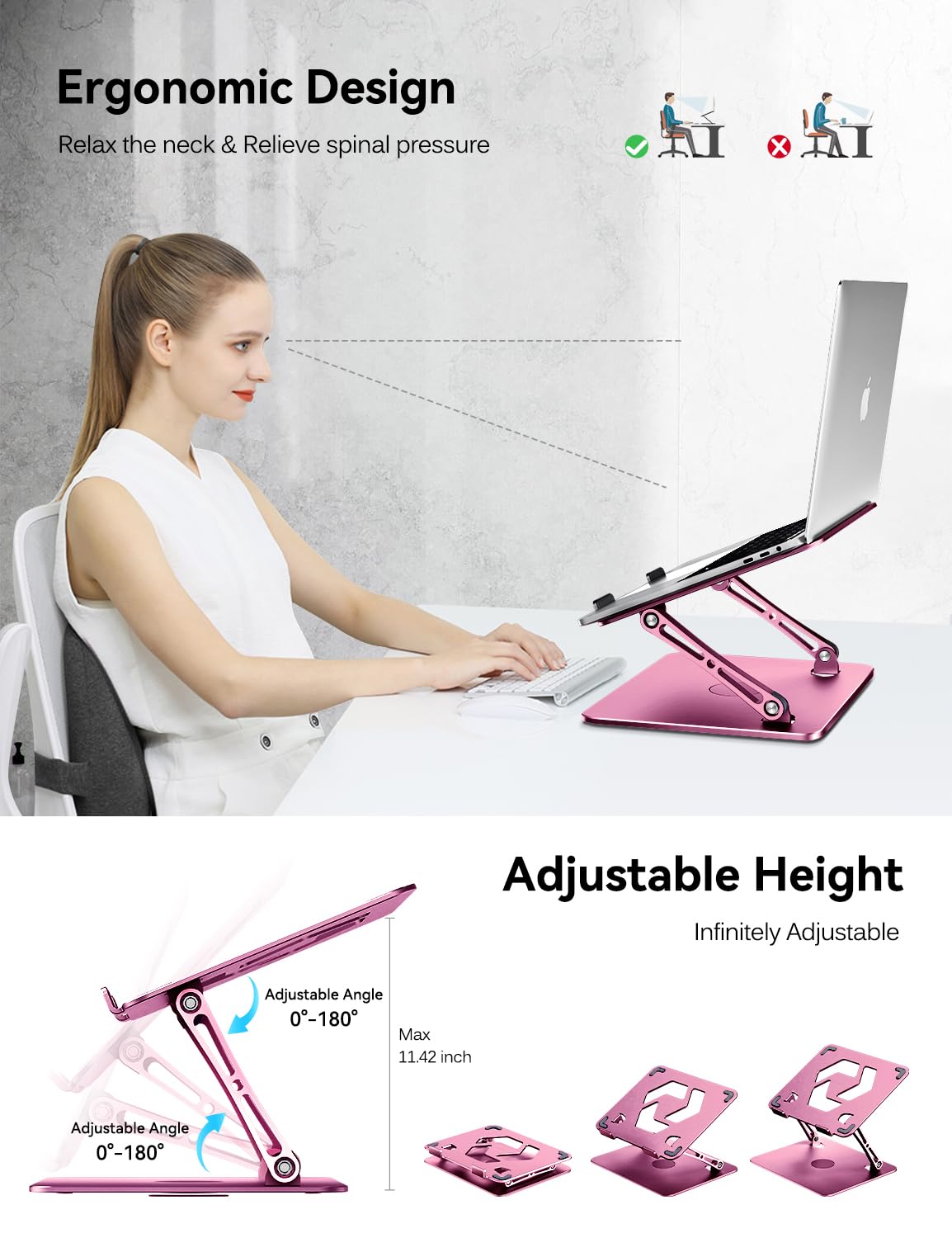 Ivoler Adjustable Laptop Stand With 360� Rotating Base, Ergonomic Laptop Stand For Desk, Foldable & Portable Laptop Riser, Suitable For Collaborative Work, Fit Macbook Laptops Up To 16 Inches[Pink]