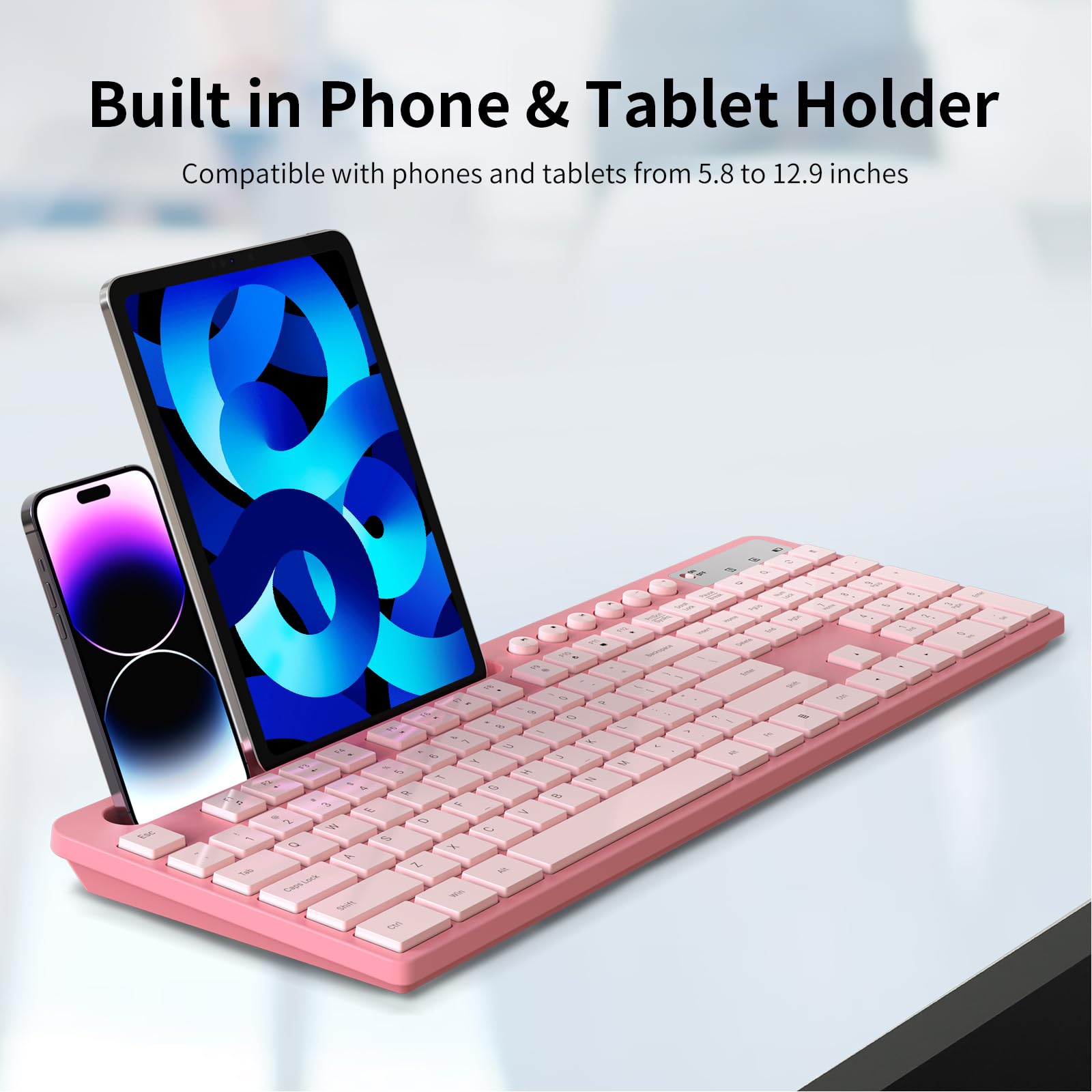 Wireless Keyboard And Mouse Combo, Marvo 2.4G Ergonomic Wireless Computer Keyboard With Phone Tablet Holder, Silent Mouse With 6 Button, Compatible With Macbook, Windows (Sakura Pink)