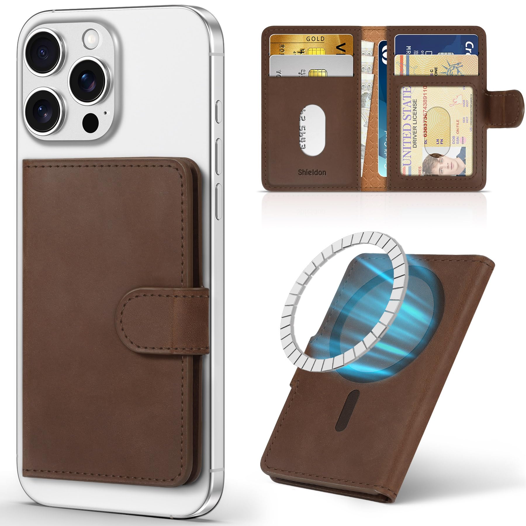 SHIELDON for MagSafe Genuine Leather Magnetic Card Wallet Holder, Minimalist RFID Blocking 6 Card, ID Window, Front Pocket Walle