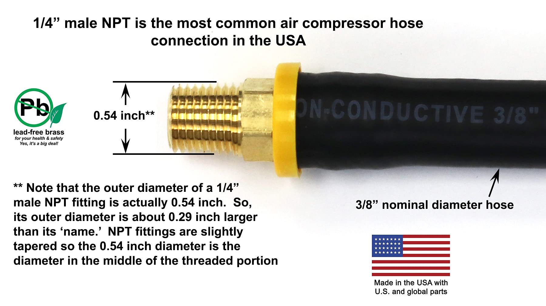 8.5 Inch Short Air Compressor Hose: 1/4'' Male Npt To 1/4'' Male Npt Connections (Lead Free Brass)