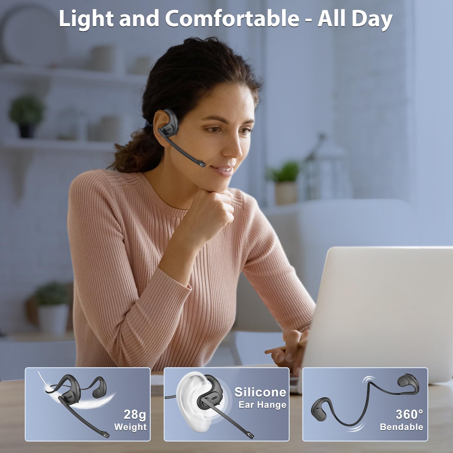 Seflorgo Trucker Bluetooth Headset, Open Ear Headphones With Detachable Noise Cancelling Mic, Wireless V5.3 Computer Headset Wit