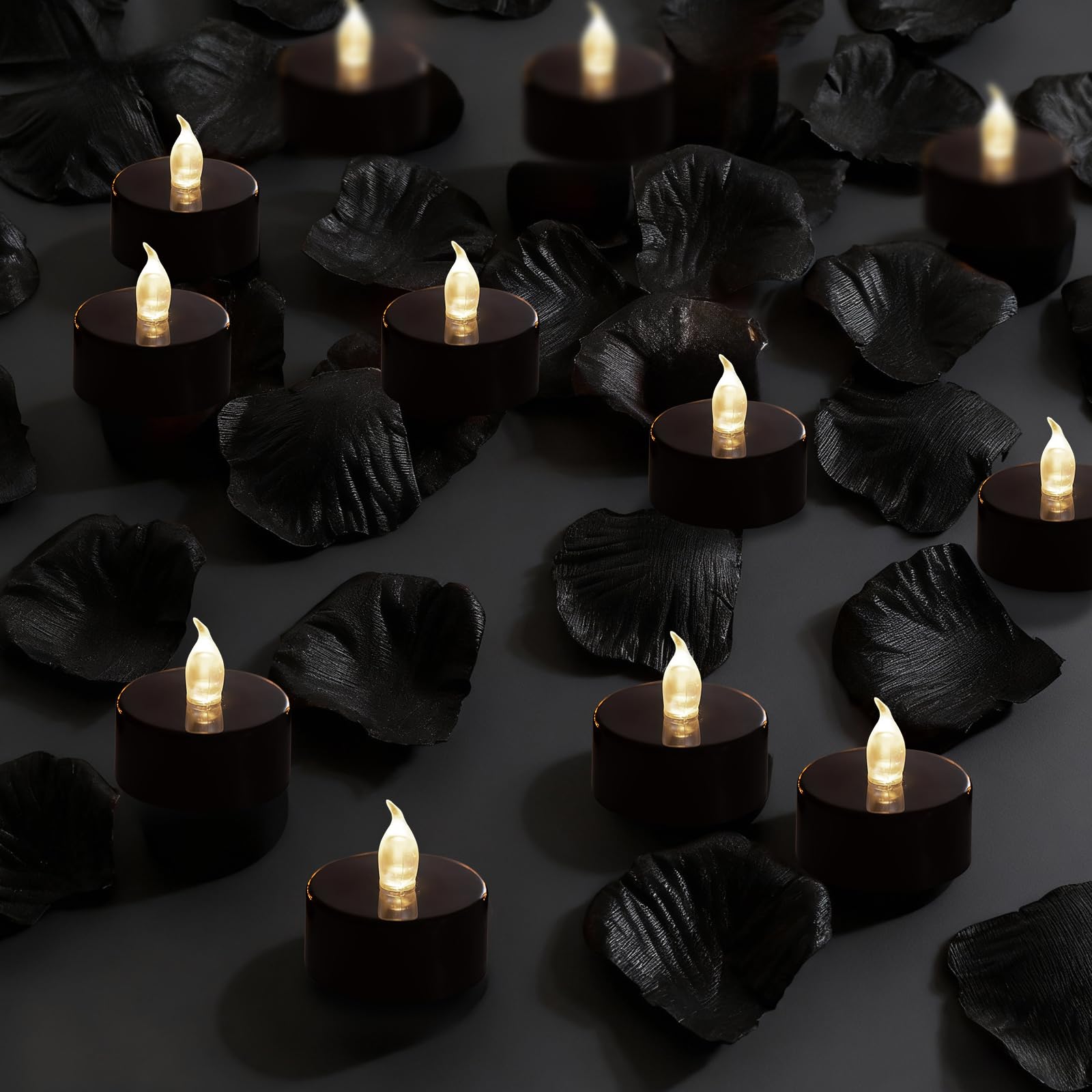 500Pcs Rose Petals with 12 LED Tea Lights Candles Set, Black Artificial Rose Petals and Flameless Candles Set for Anniversary, V