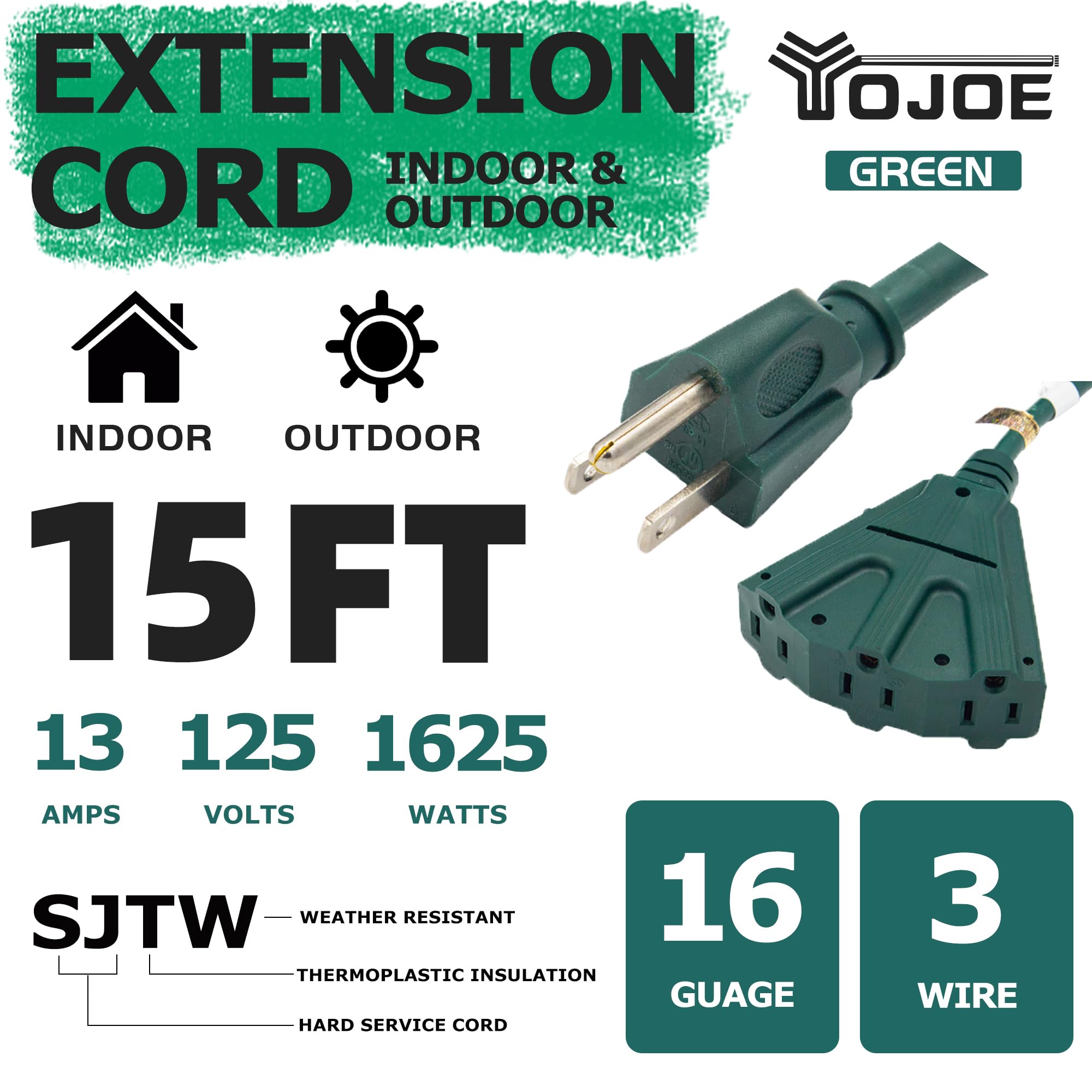 Yojoe 3 Outlets Indoor Outdoor Extension Cord, 3 Prong 13A Weatherproof Power Cord Multiple Outlets, 16 Gauge Heavy Duty 15 Ft G