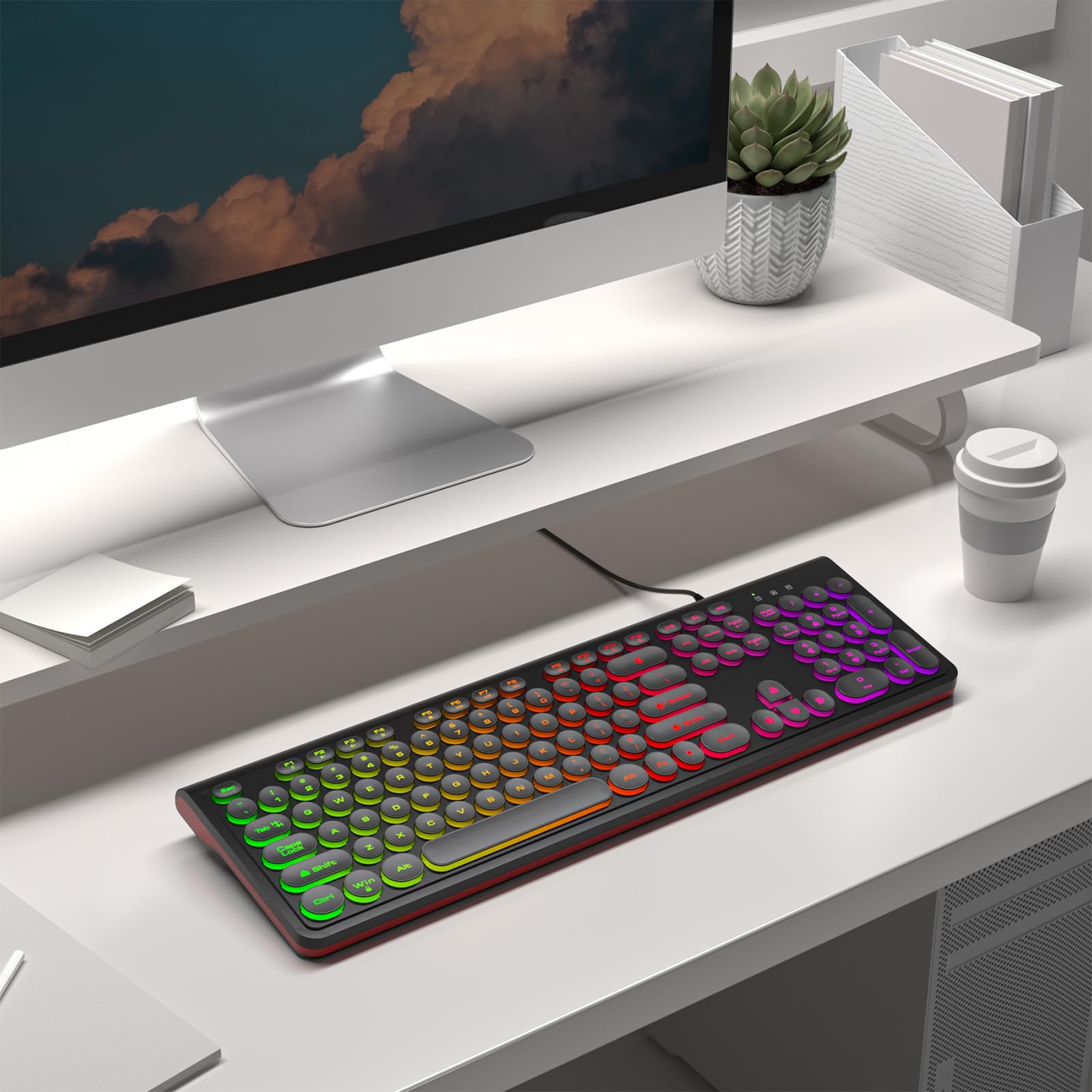 Atelus Usb Wired Keyboard With Backlit 7 Colors, Full Size Keyboard With Retro Keycaps, Numeric Keypad And Media Hotkey For Comp