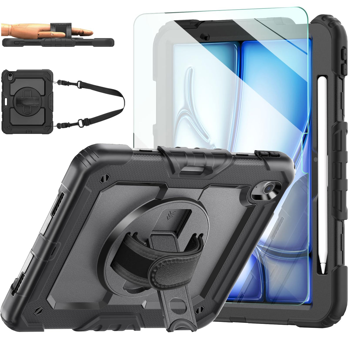 Ambison Case For Ipad Air 11'' M3/M2 2025/2024, Ipad Air 7Th/6Th Generation Case, [Kid Proof] Heavy Duty Protective With 9H Tempered Glass Screen Protector, 360° Rotatable Kickstand/Hand Strap (Black)
