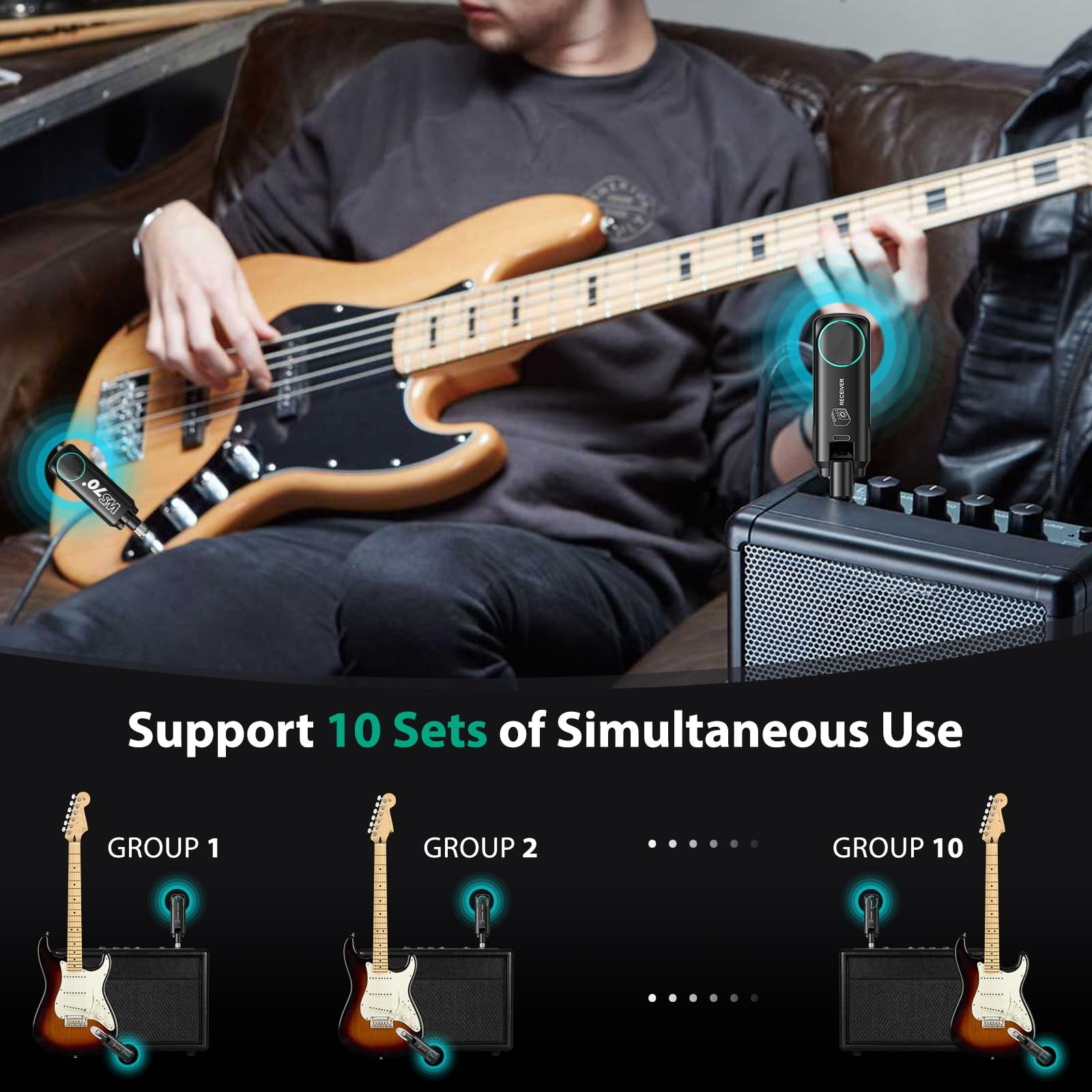 Pogolab Uhf Wireless Guitar System, Rechargeable Wireless Guitar Transmitter Receiver, 6.35Mm & 3.5Mm 2 In 1 Plug, 10 Channels D