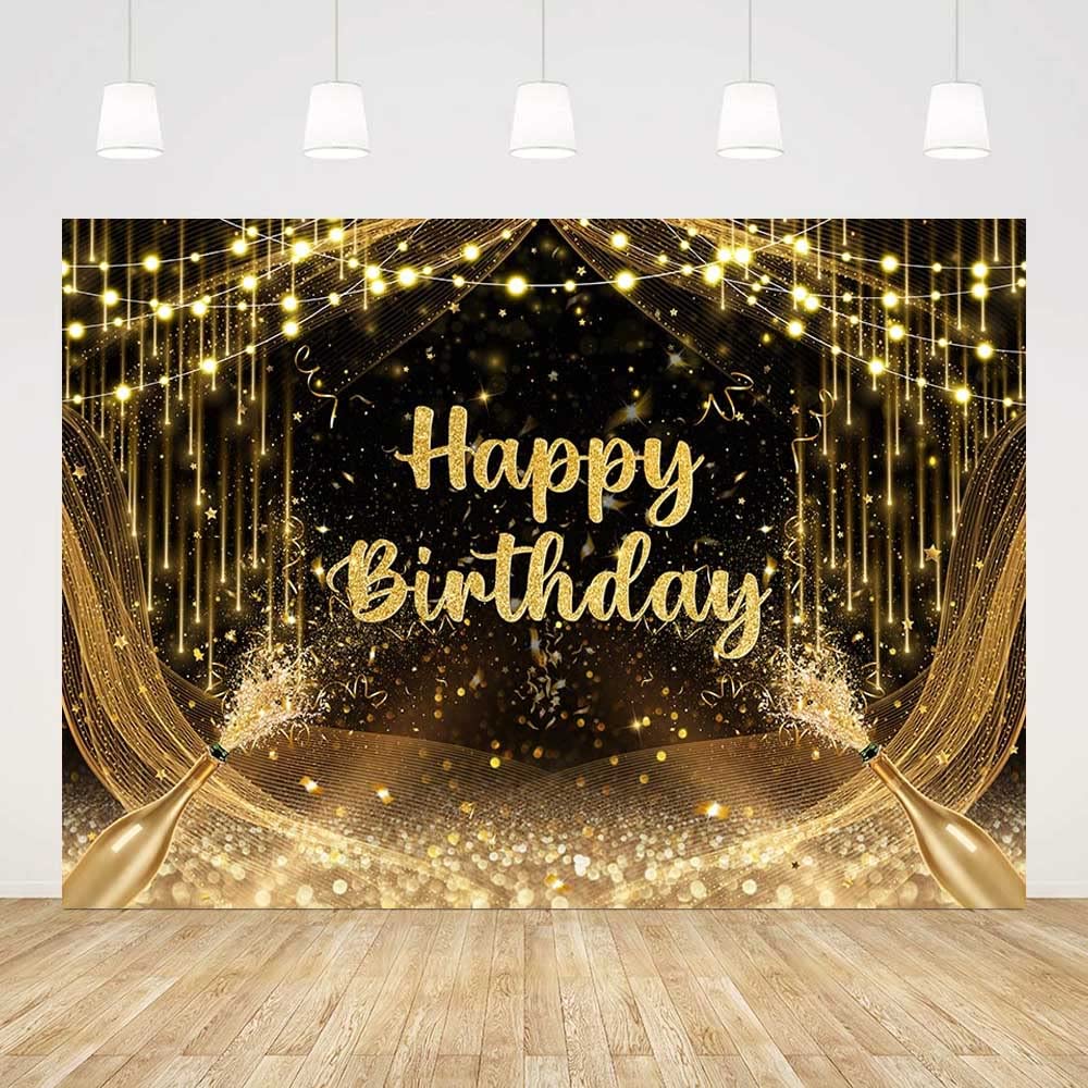 Aibiin 7X5Ft Black And Gold Birthday Backdrop Happy Birthday Photography Background Gold Glitter Birthday Prom Party Decorations