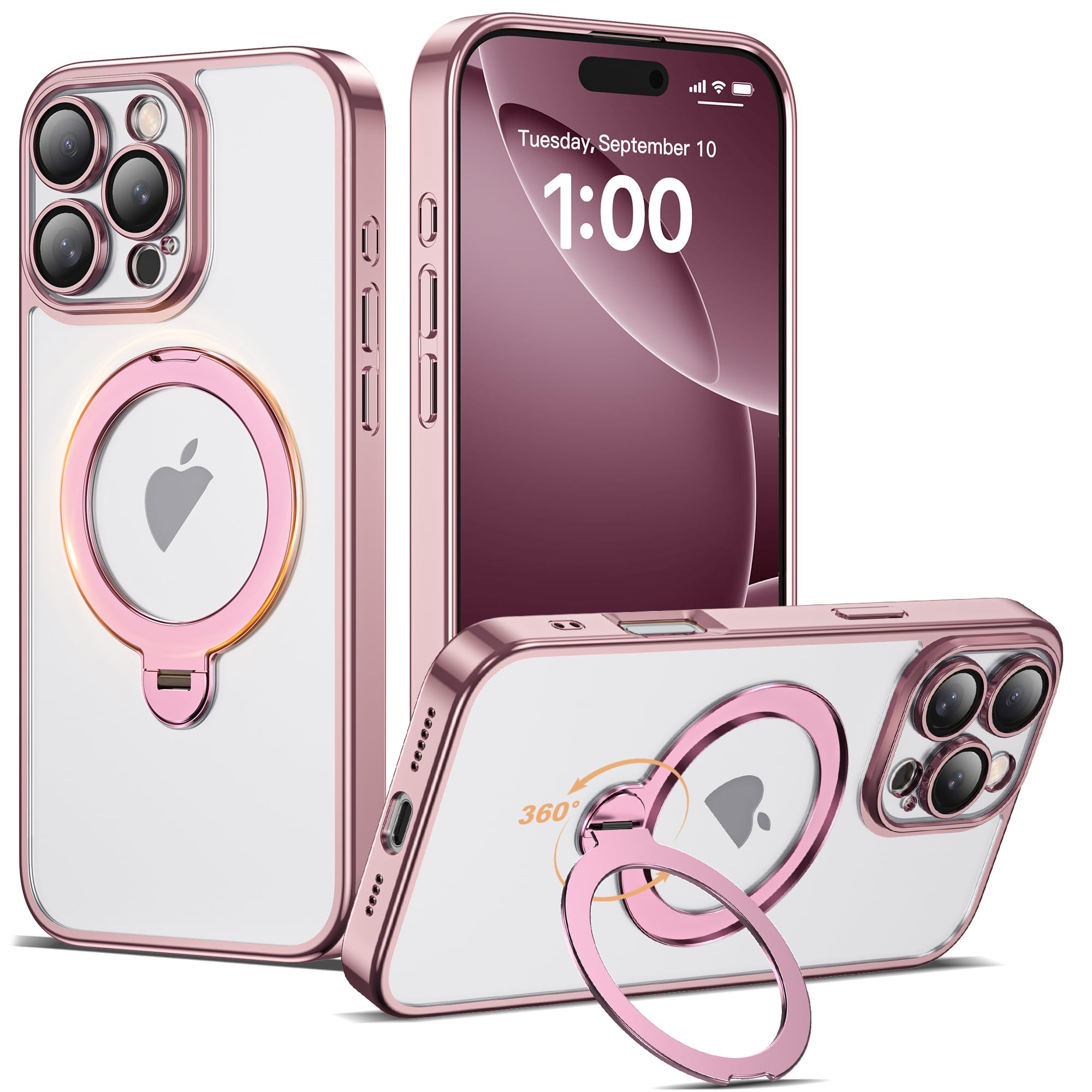 AmoraAqua Compatible with iPhone 16 Pro Max Case with 360 Spin Magnetic Ring Stand [Compatible with Mag-Safe] Full Camera Lens P