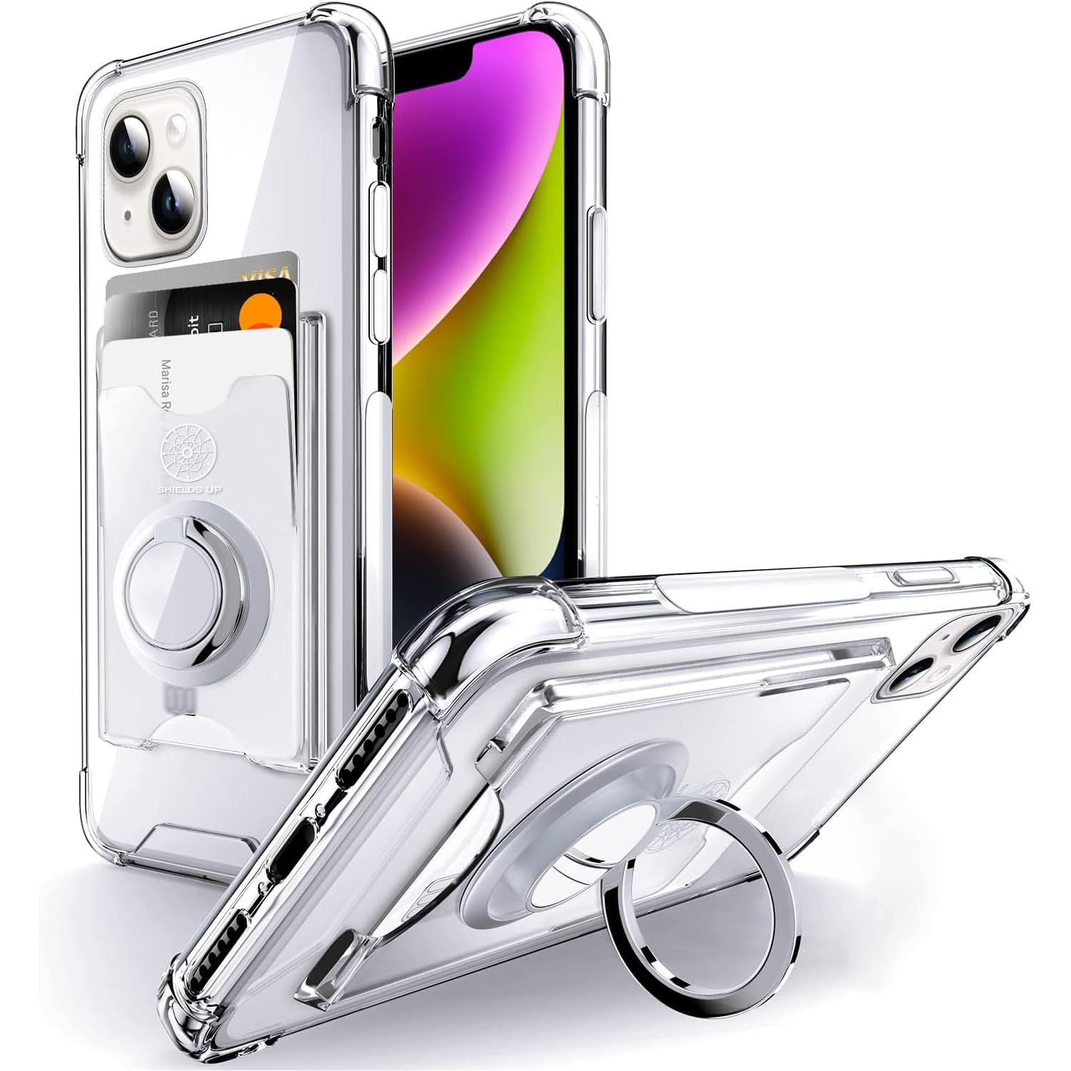 Shields Up Designed for iPhone 14 Case, Minimalist Wallet Case with Card Holder (3 Cards) and Ring Kickstand/Stand, [Drop Protec